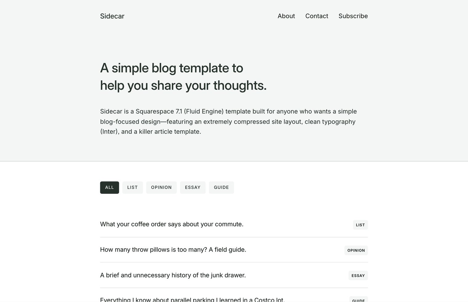 Sidecar, a one-page Squarespace blog template by Studio Mesa