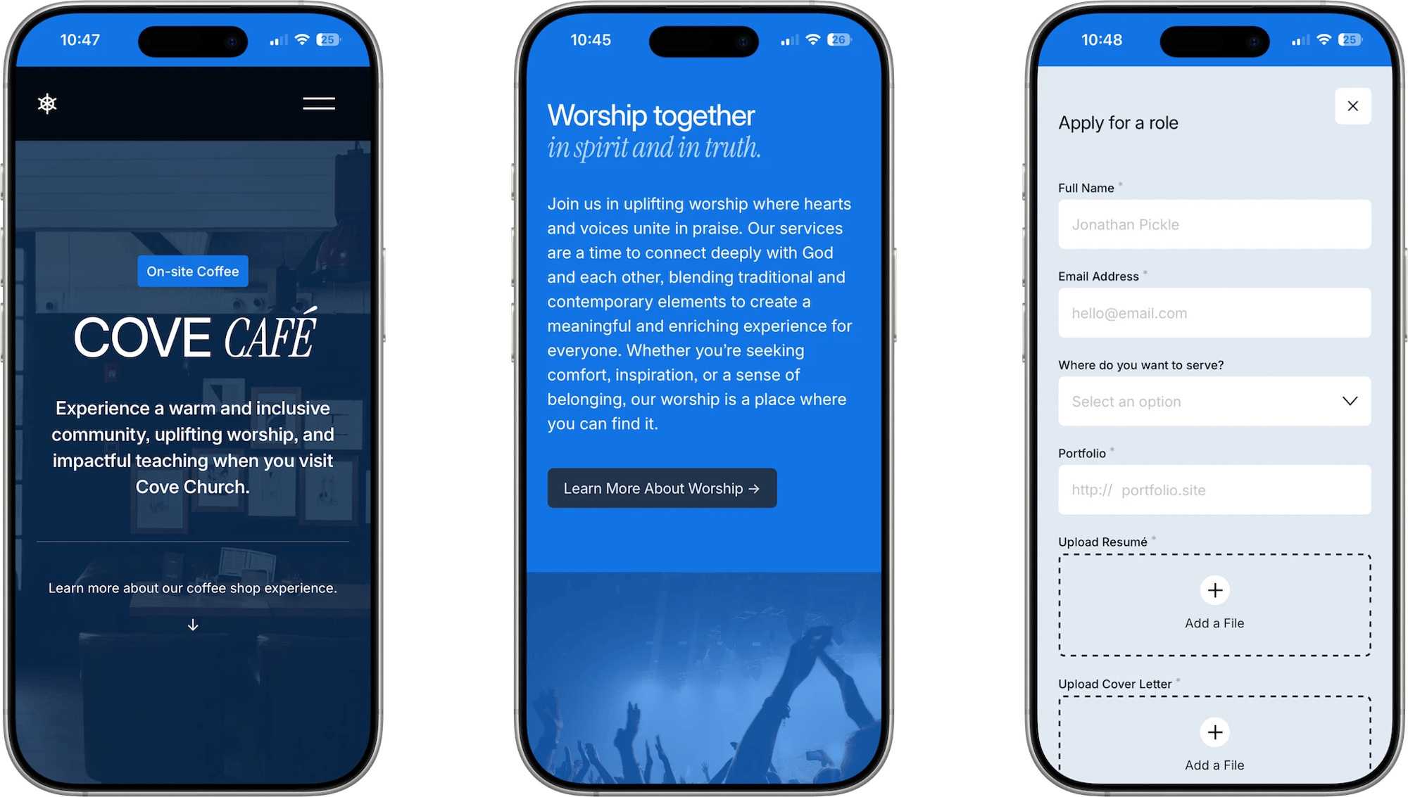 Cove Squarespace template for churches, shown on two phones (6 of 7)