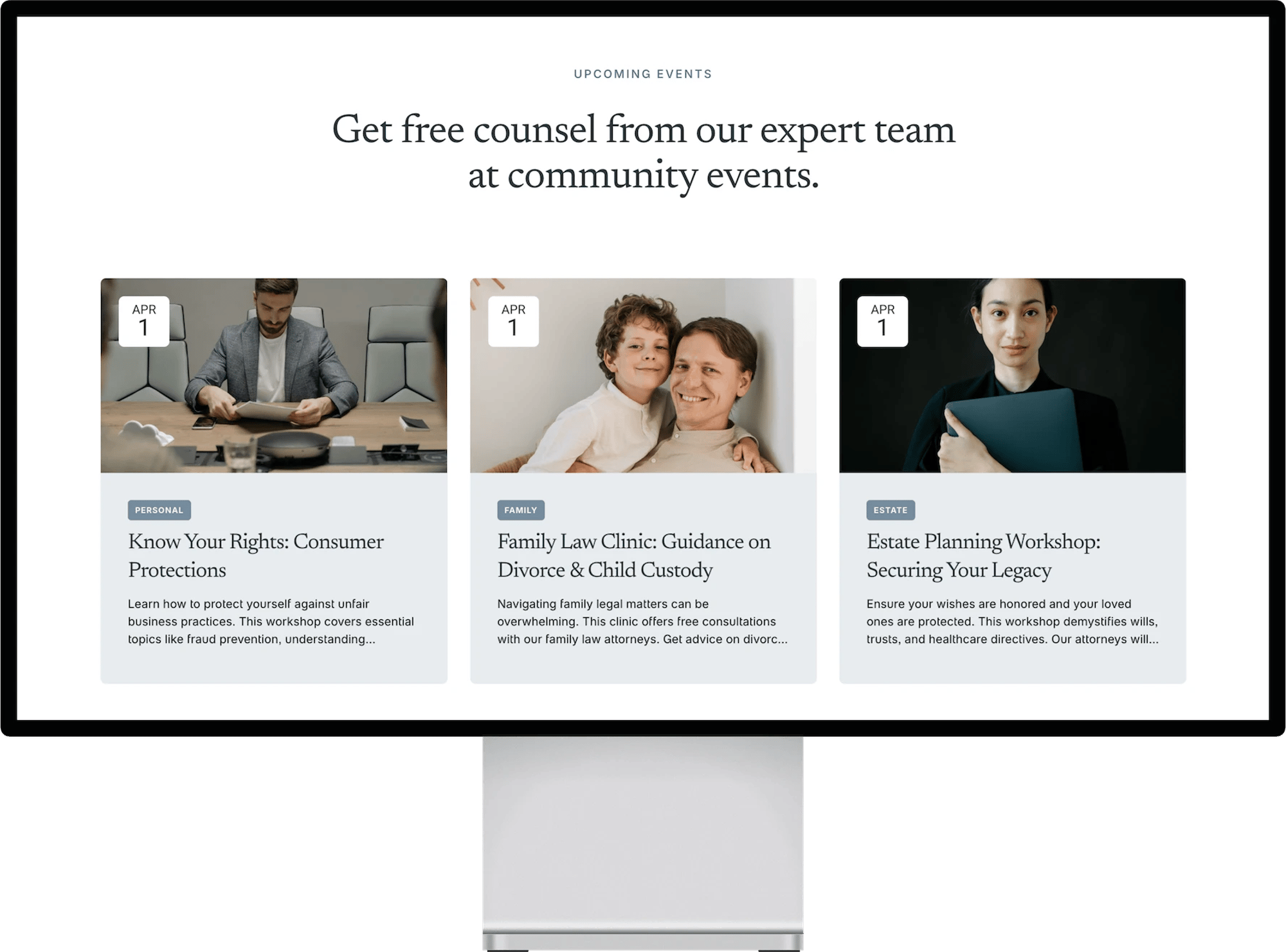 Nautilus Squarespace template for law firms, shown on a tablet (3 of 7)