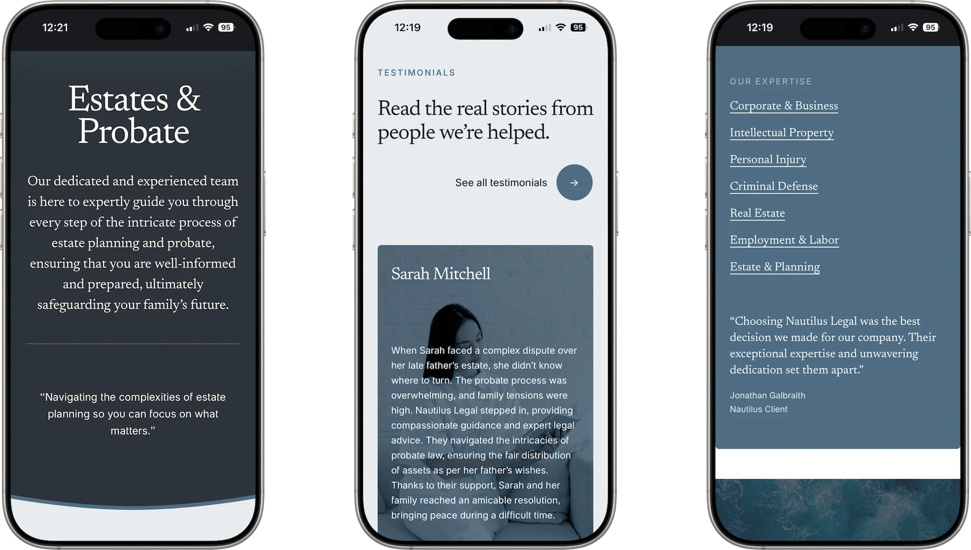 Nautilus Squarespace template for law firms, shown on two phones (2 of 7)