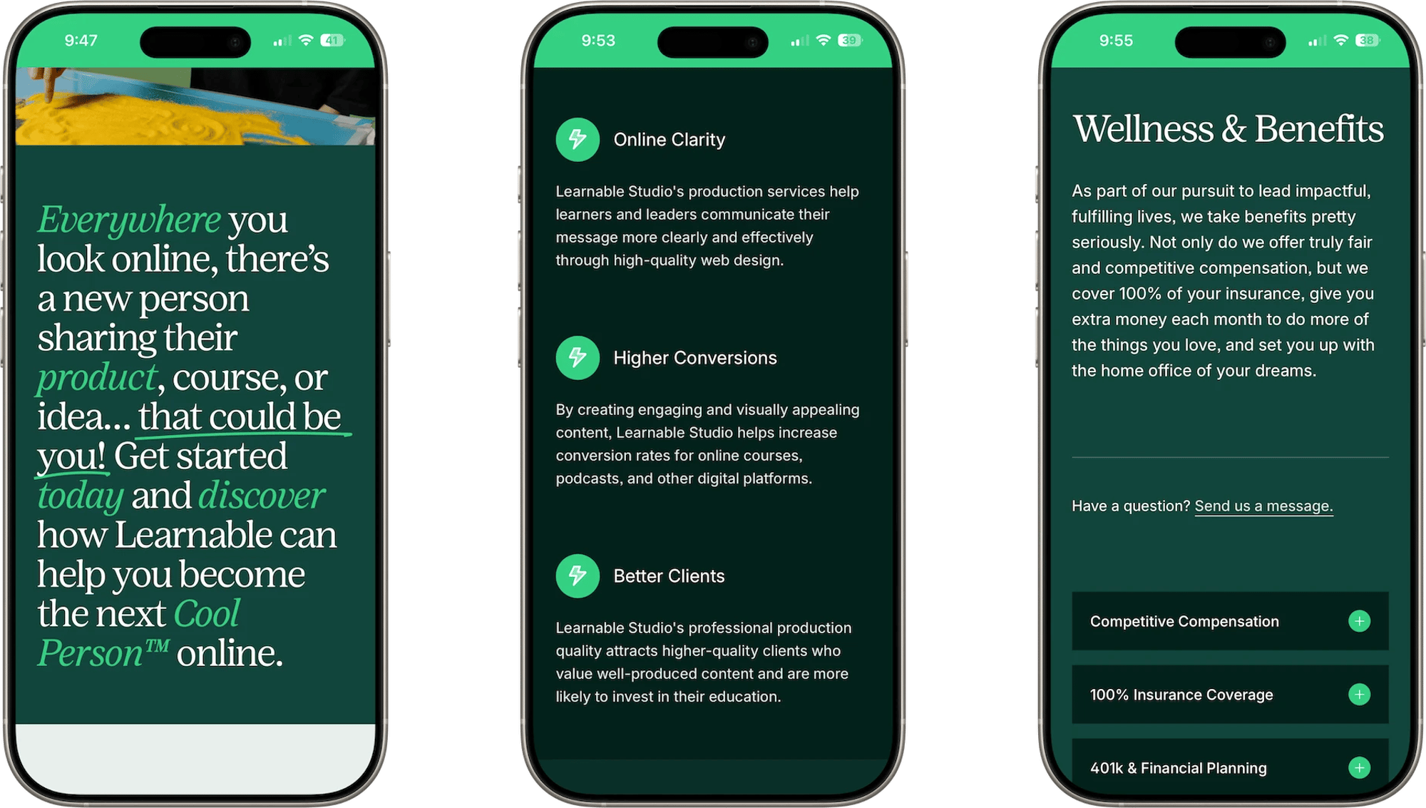 Learnable Squarespace template for course creators, shown on two phones (4 of 7)