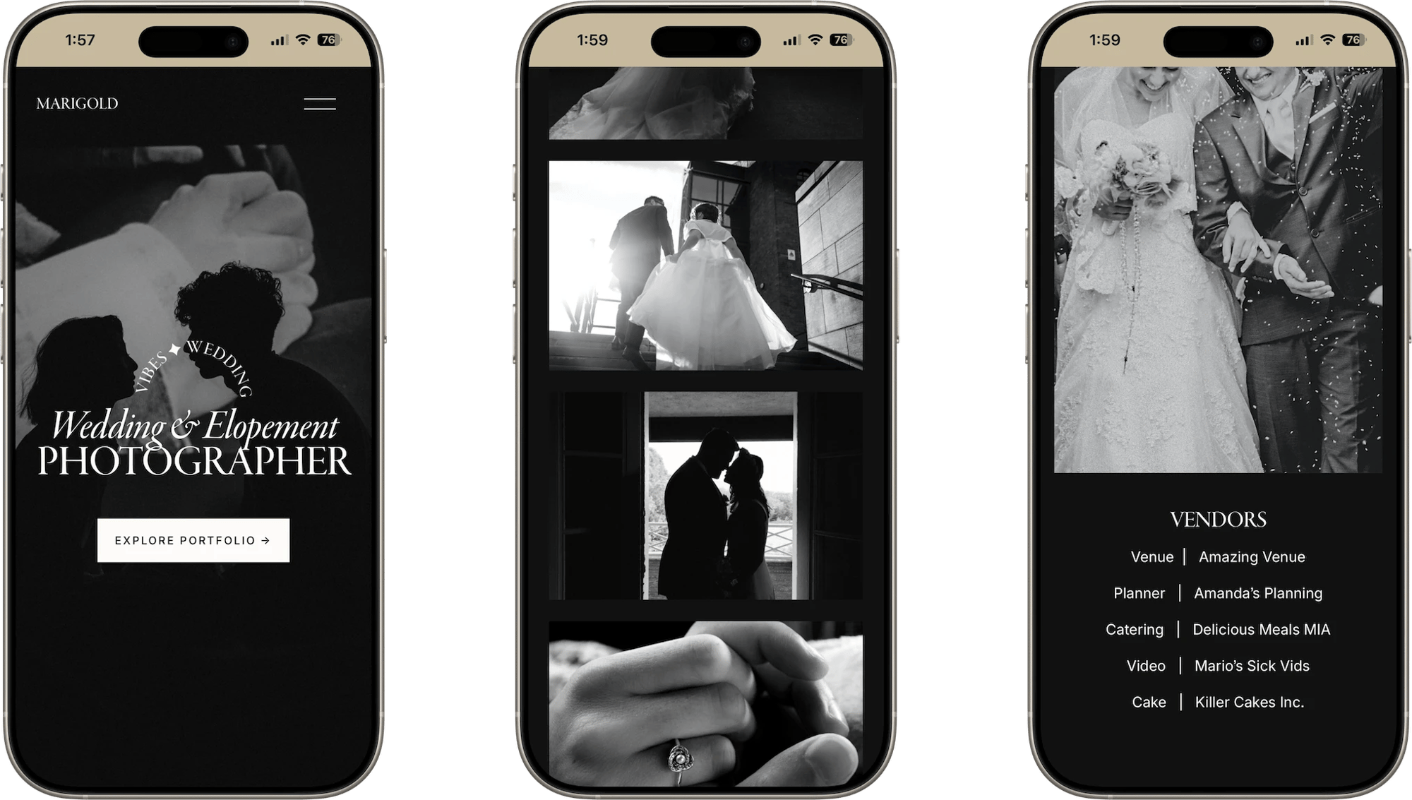 Marigold Squarespace template for wedding photographers, shown on two phones (4 of 7)