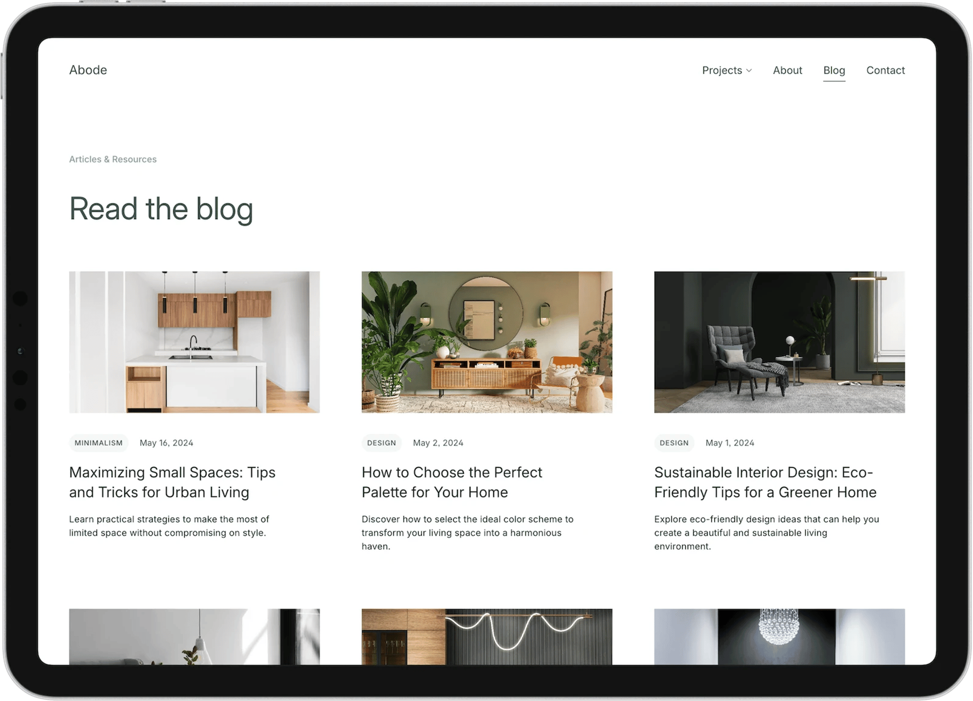 Abode Squarespace template for interior designers, shown on a desktop screen (2 of 7)
