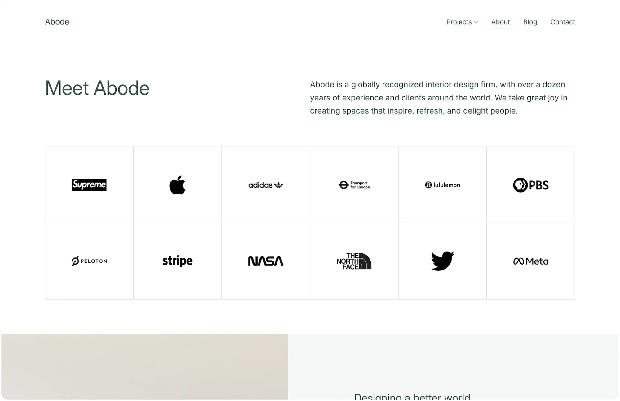 Abode Squarespace template for interior designers, shown on a desktop screen (3 of 7)