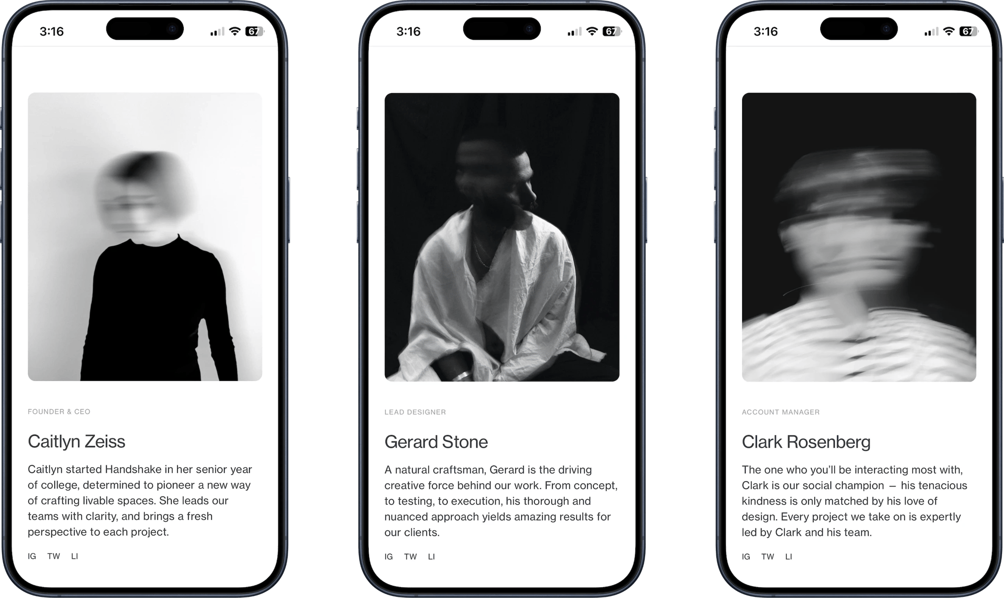Handshake Squarespace template for architects, shown on two phones (3 of 7)