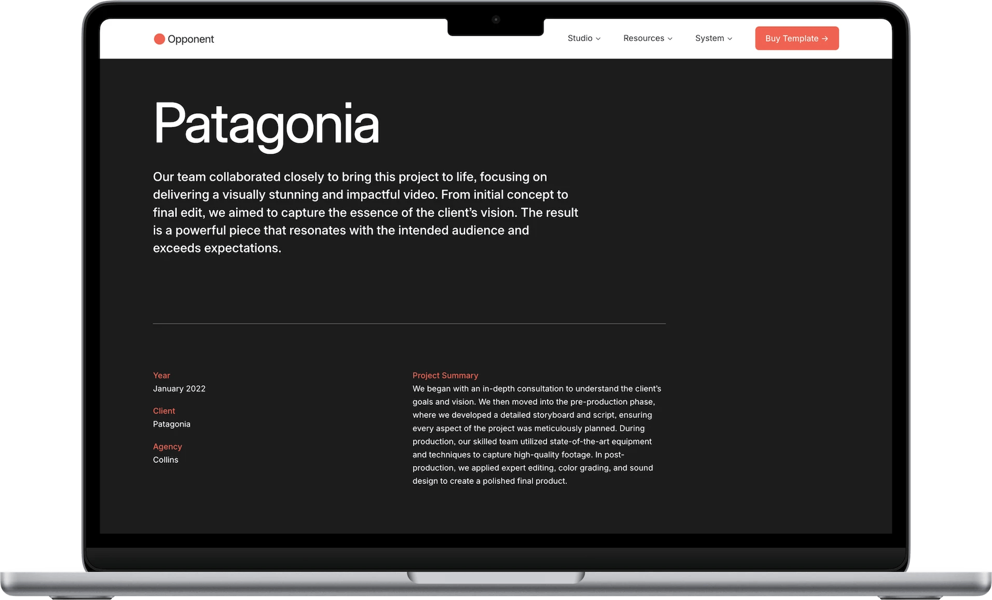 Opponent Squarespace template for creative agencies, shown on a desktop screen (7 of 7)