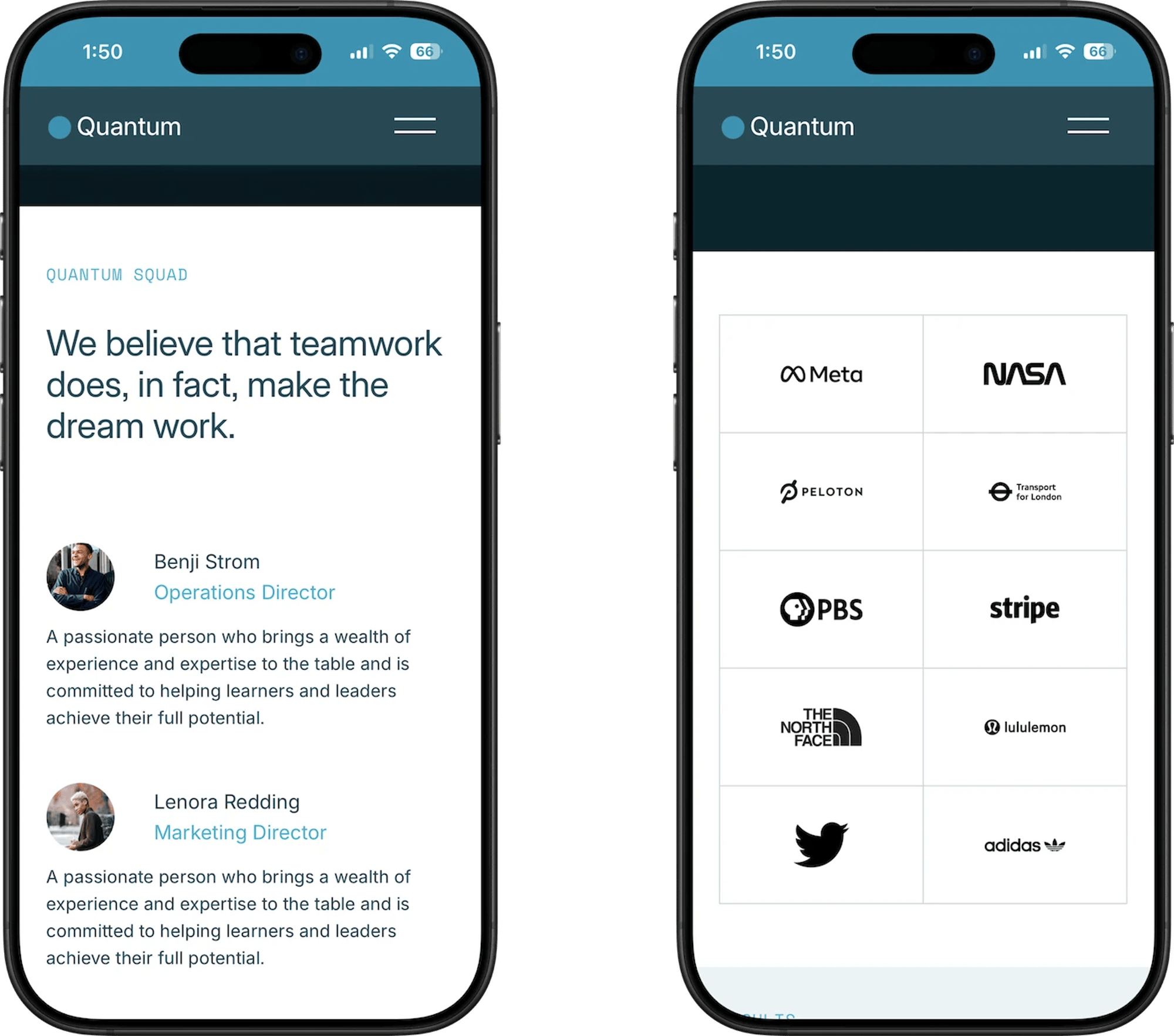 Quantum Squarespace template for cybersecurity teams, shown on two phones (4 of 7)