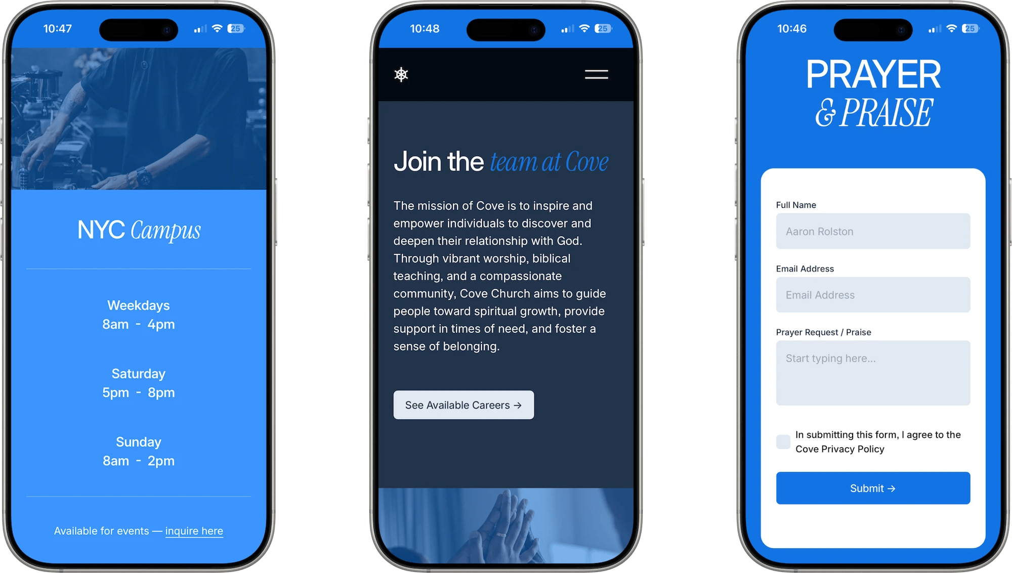 Cove Squarespace template for churches, shown on two phones (2 of 7)