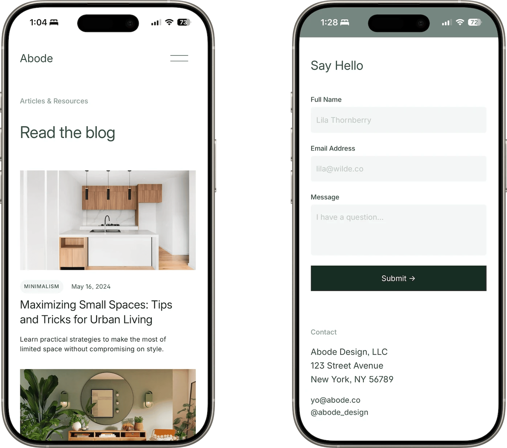 Abode Squarespace template for interior designers, shown on two phones (4 of 7)