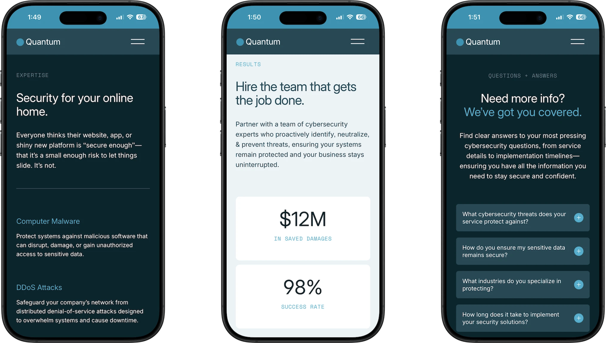 Quantum Squarespace template for cybersecurity teams, shown on two phones (1 of 7)