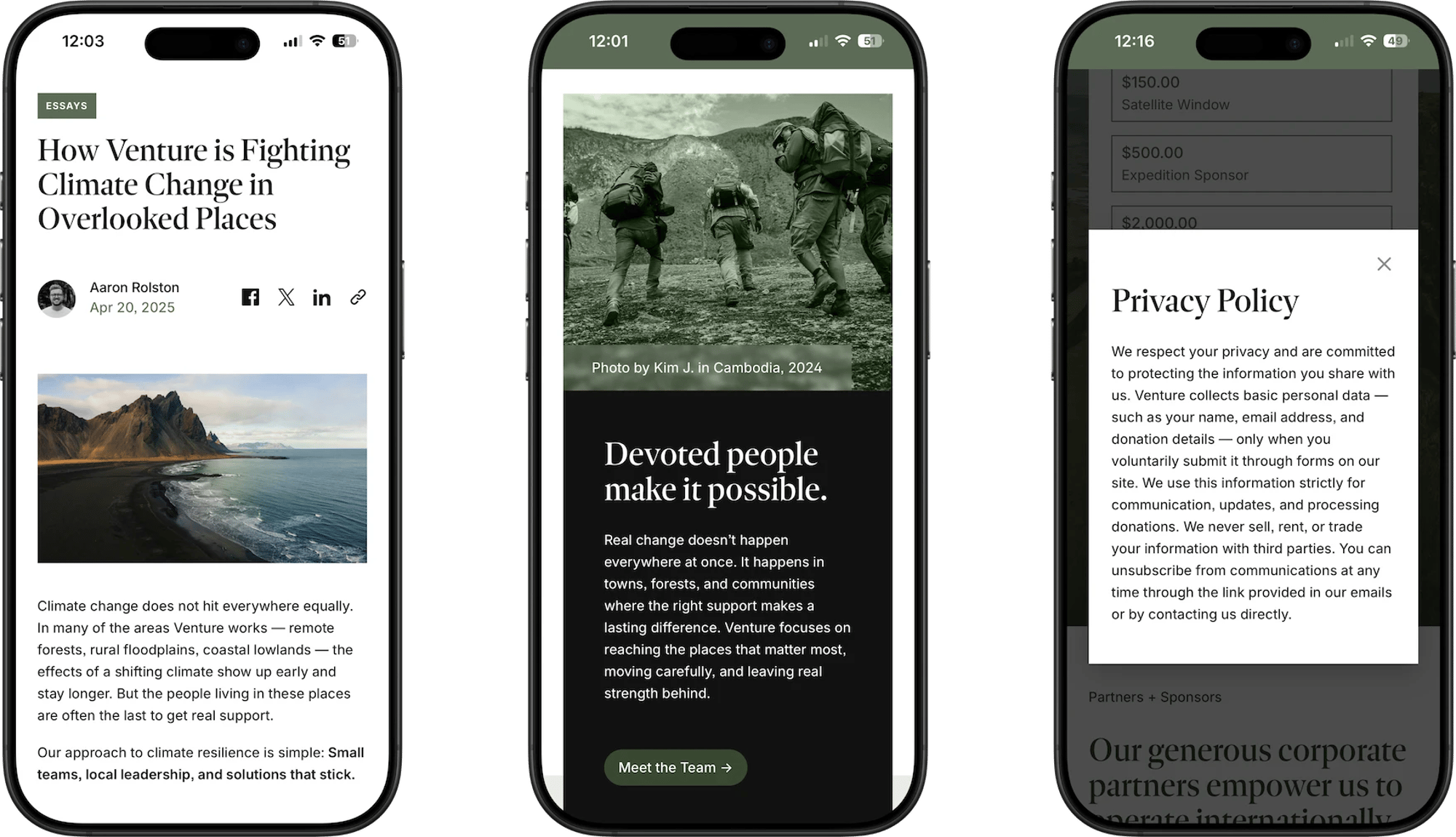 Venture Squarespace template for nonprofits, shown on two phones (6 of 7)