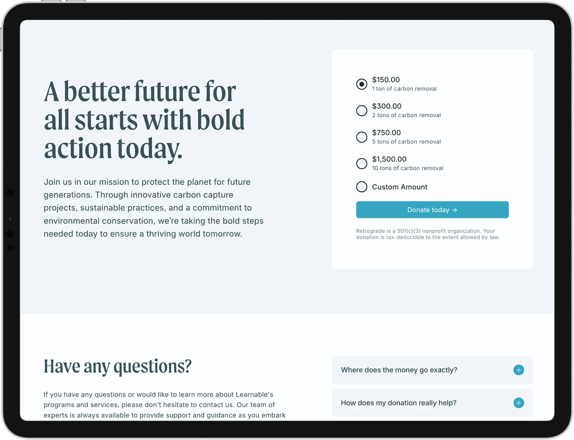 Retrograde Squarespace template for nonprofits, shown on a tablet (2 of 7)