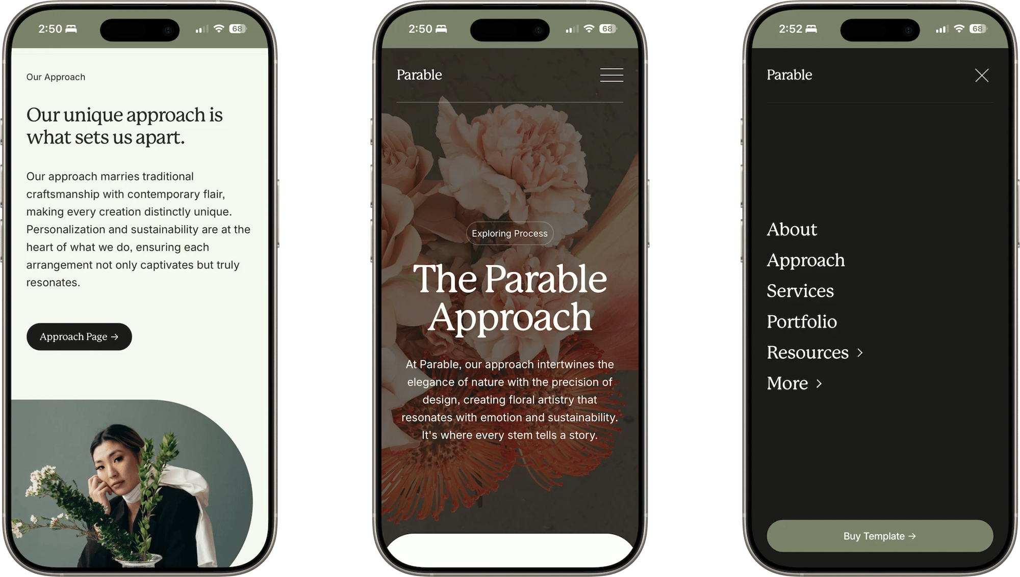 Parable Squarespace template for small businesses, shown on two phones (1 of 7)
