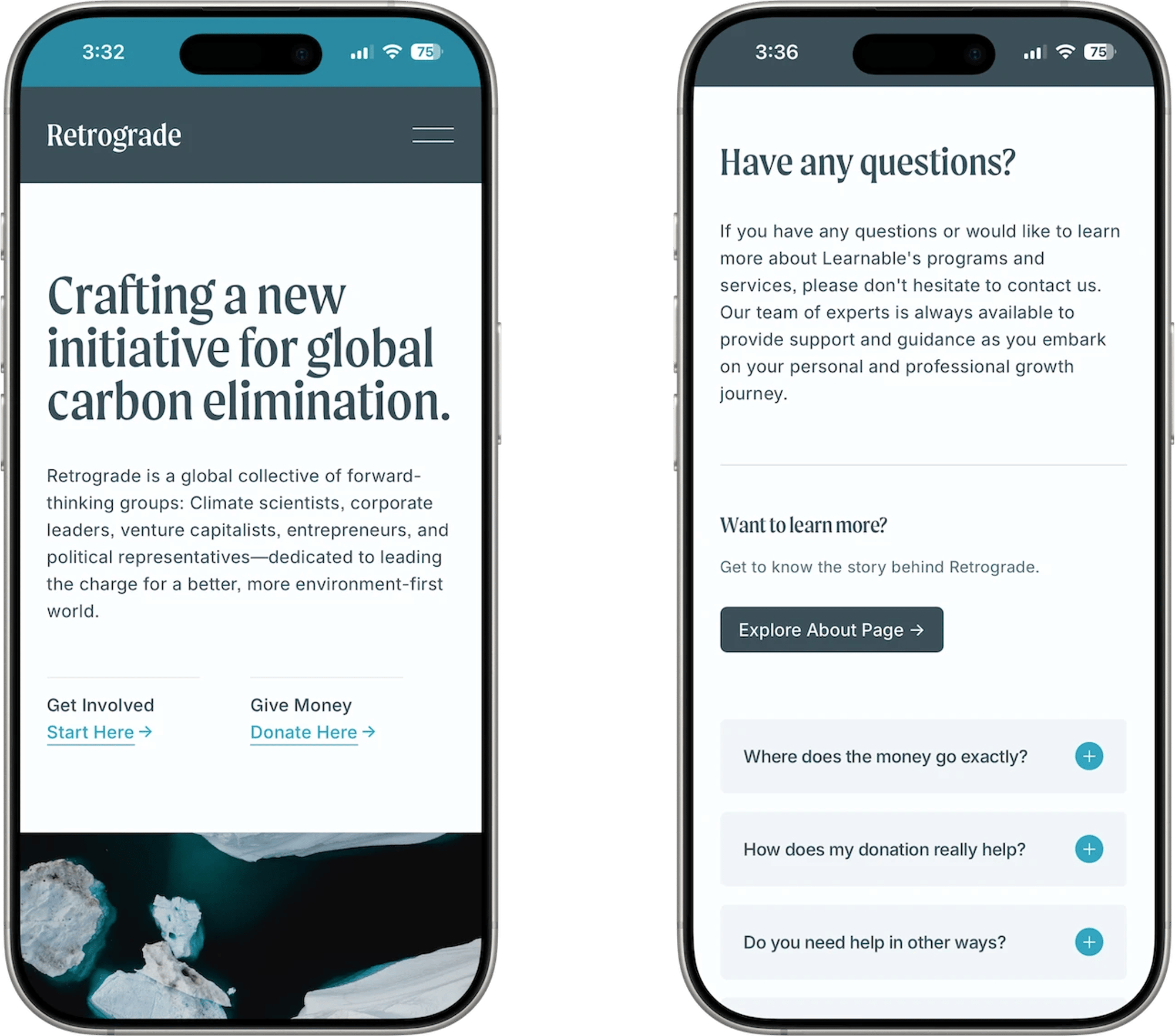 Retrograde Squarespace template for nonprofits, shown on two phones (4 of 7)