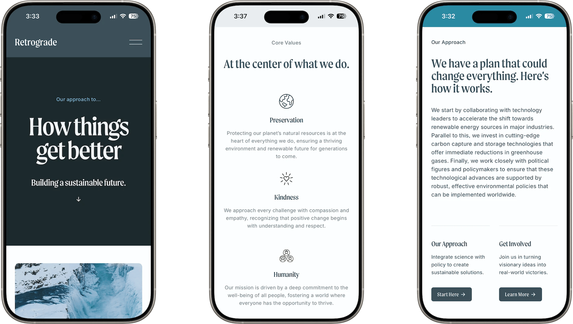 Retrograde Squarespace template for nonprofits, shown on two phones (1 of 7)