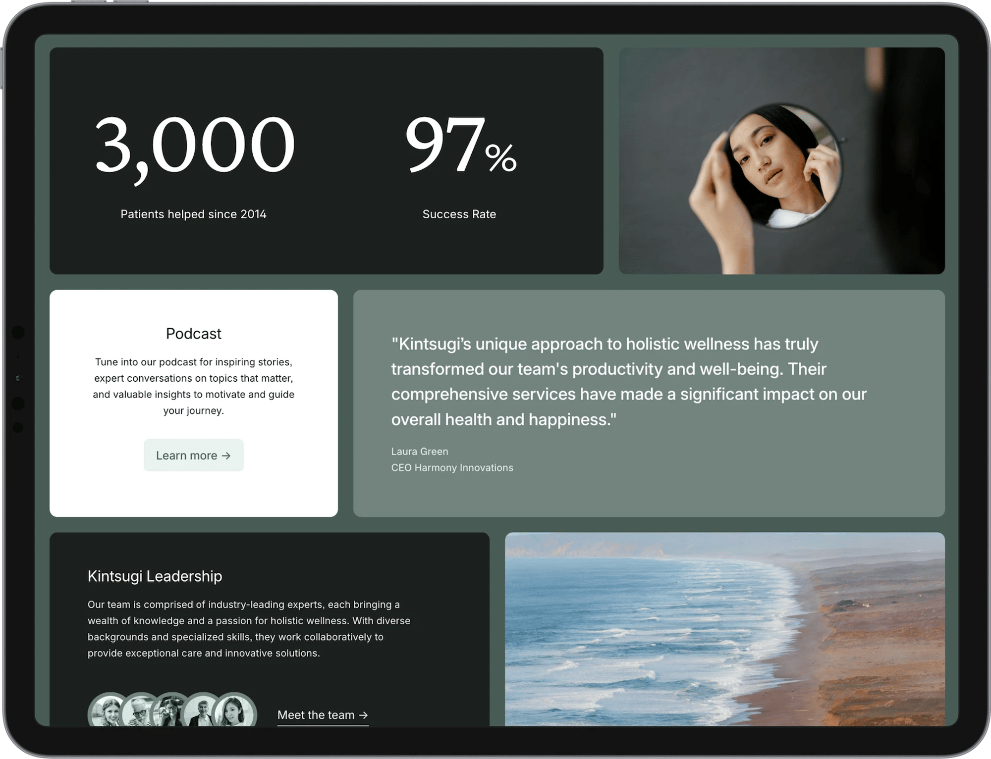 Kintsugi Squarespace template for therapists, shown on a tablet (1 of 7)