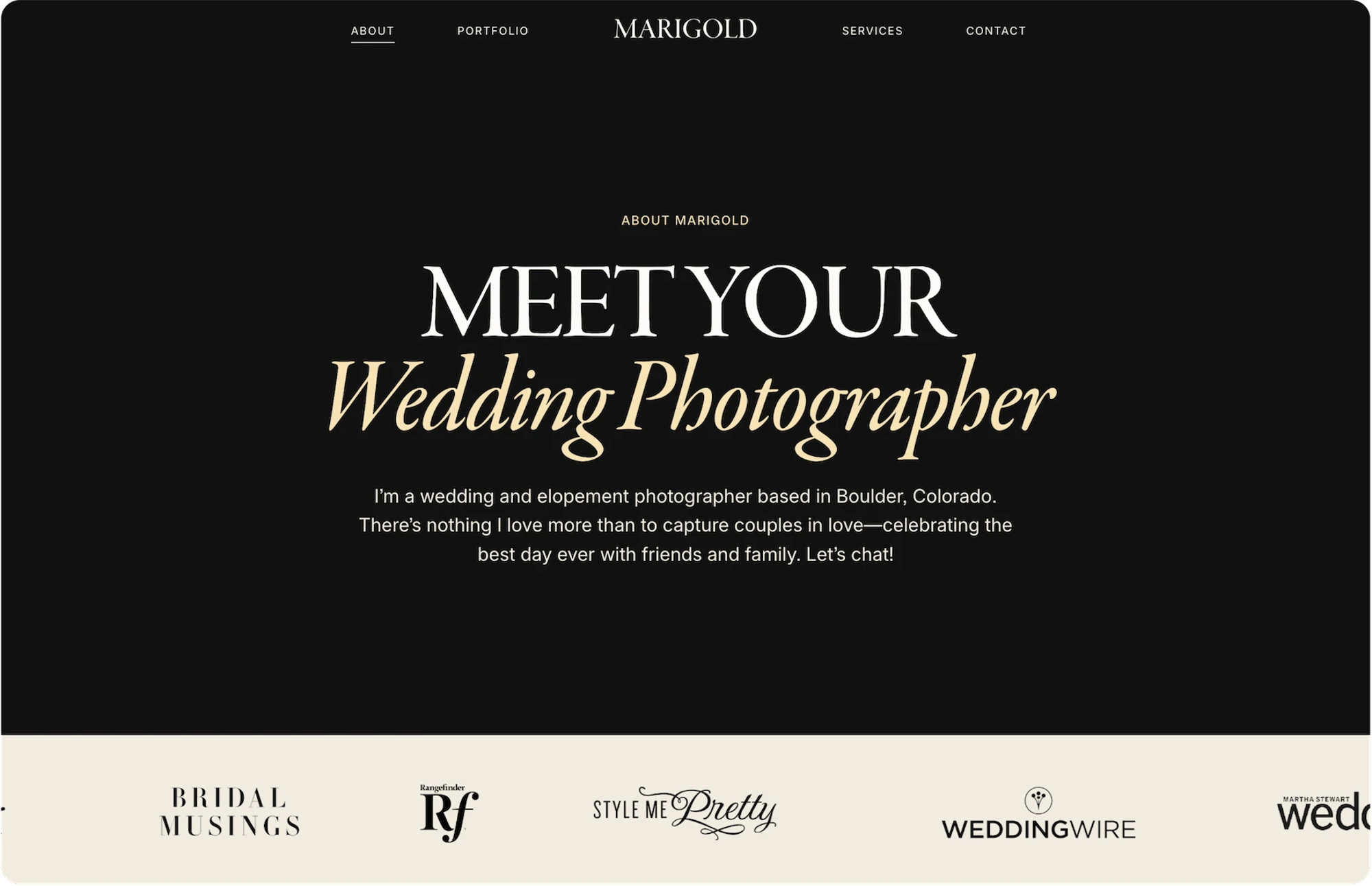 Marigold Squarespace template for wedding photographers, shown on a desktop screen (2 of 7)