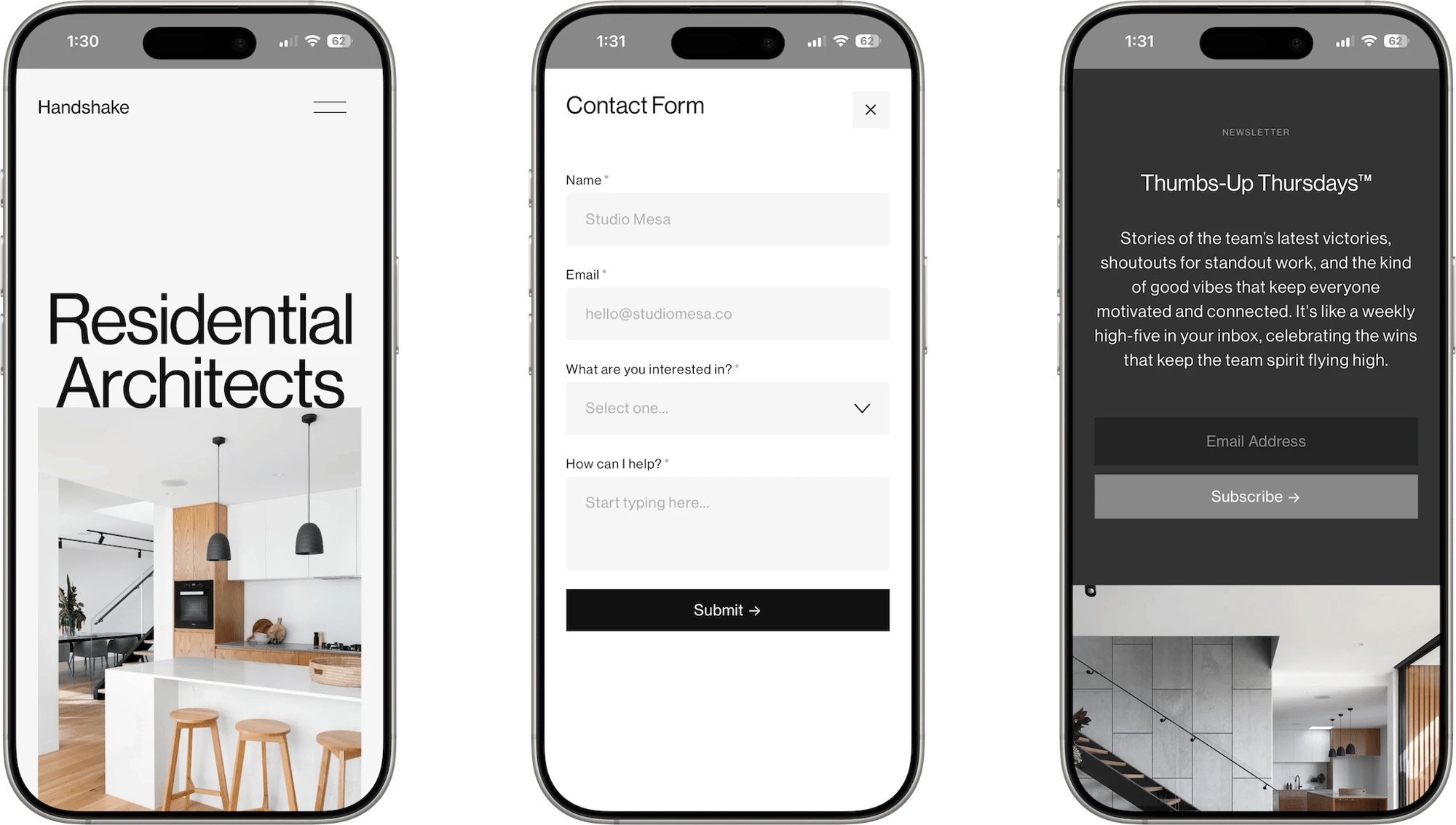 Handshake Squarespace template for architects, shown on two phones (1 of 7)