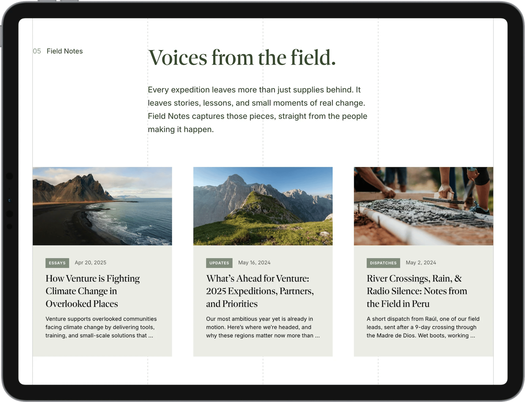 Venture Squarespace template for nonprofits, shown on a tablet (4 of 7)