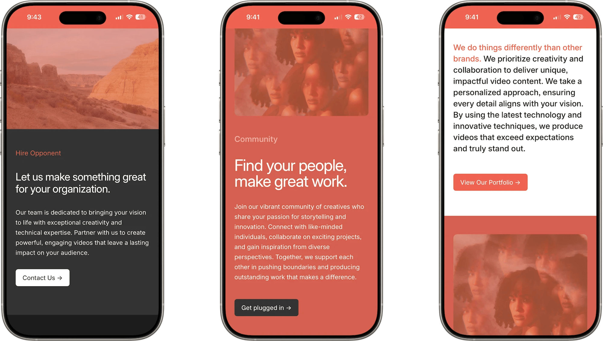 Opponent Squarespace template for creative agencies, shown on two phones (6 of 7)