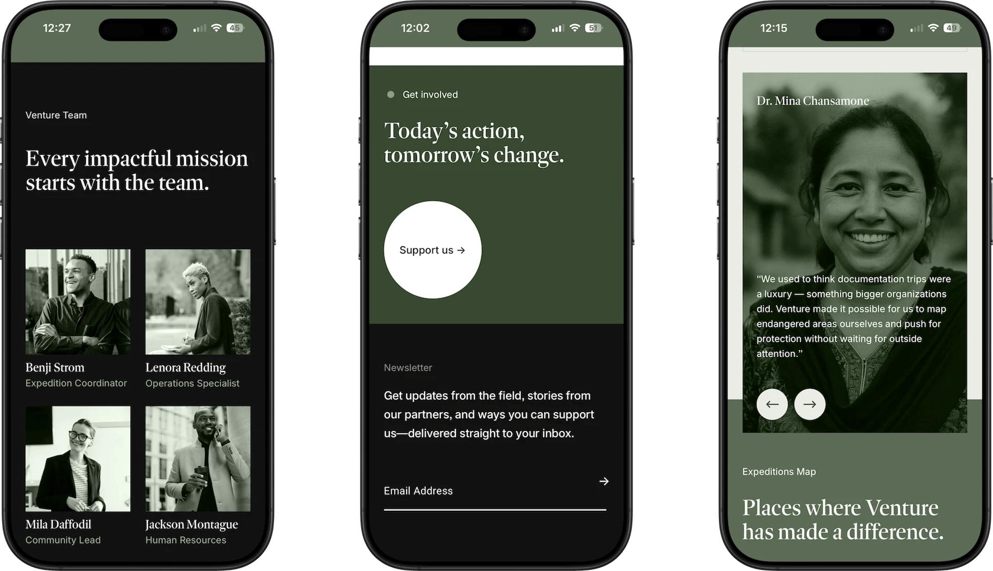 Venture Squarespace template for nonprofits, shown on two phones (2 of 7)