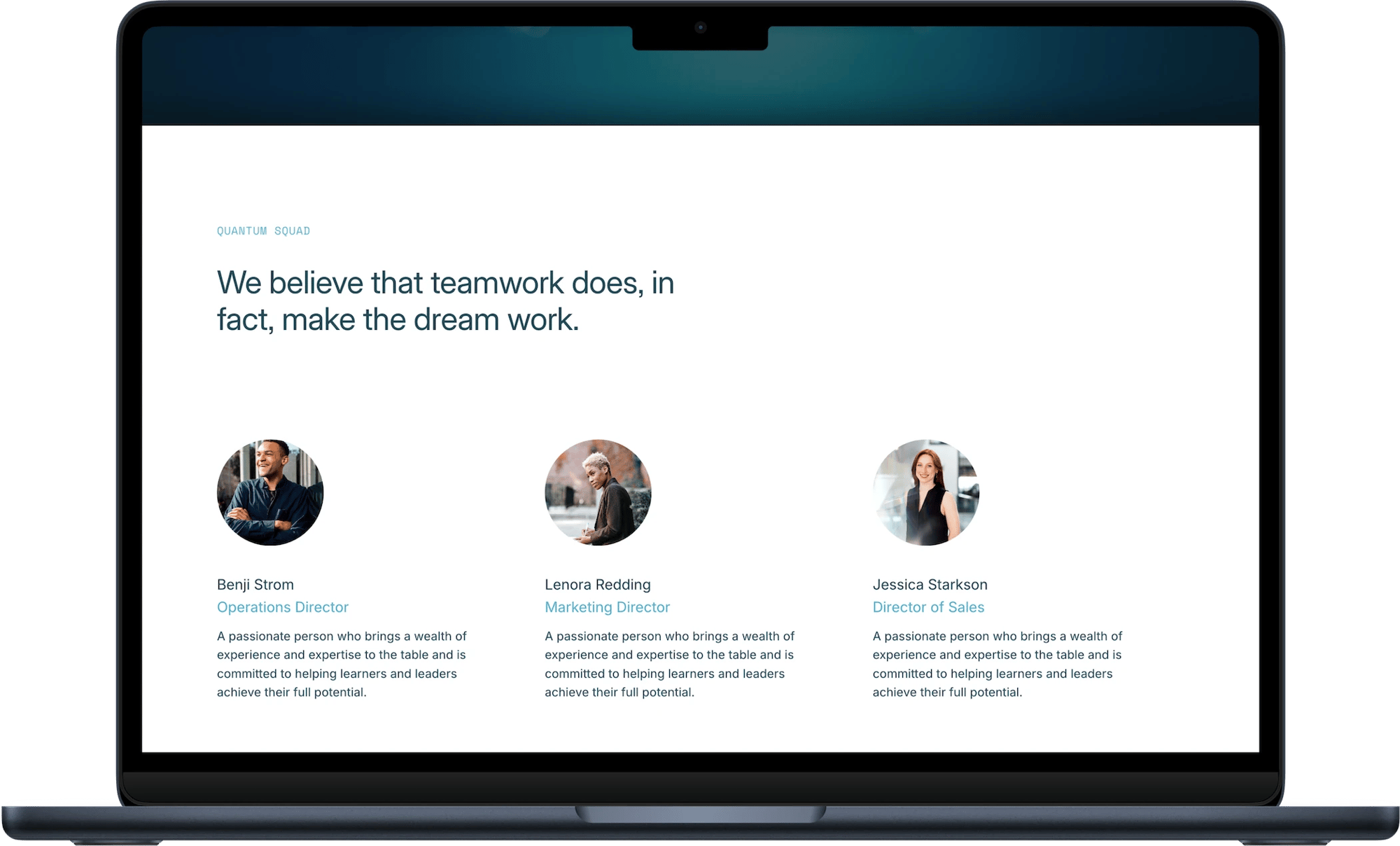 Quantum Squarespace template for cybersecurity teams, shown on a desktop screen (7 of 7)