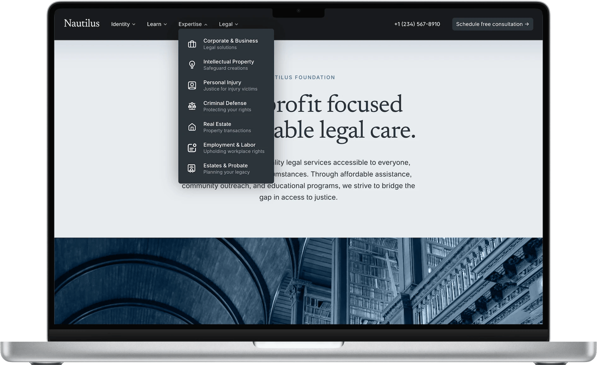 Nautilus Squarespace template for law firms, shown on a desktop screen (1 of 7)
