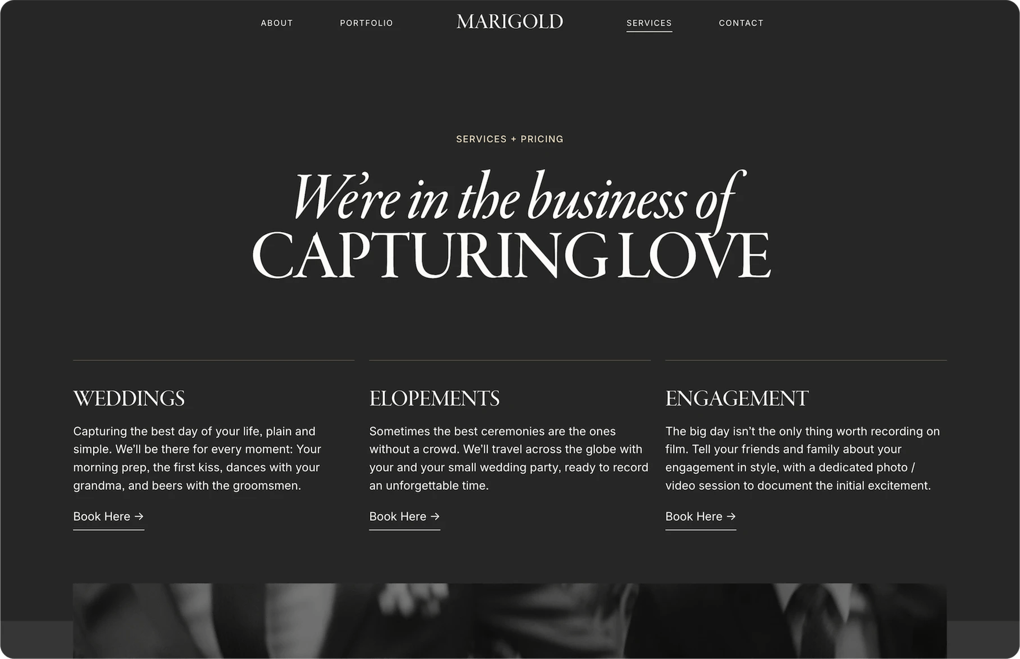 Marigold Squarespace template for wedding photographers, shown on a desktop screen (7 of 7)