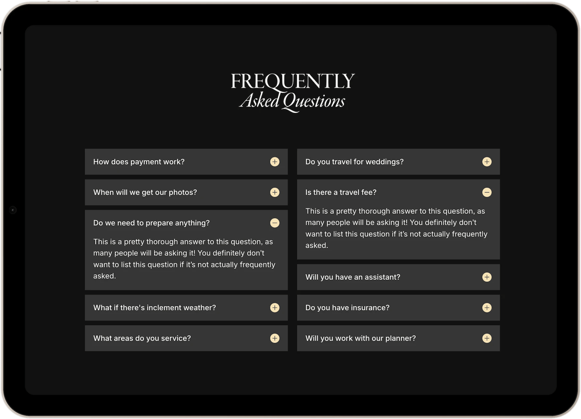 Marigold Squarespace template for wedding photographers, shown on a desktop screen (6 of 7)