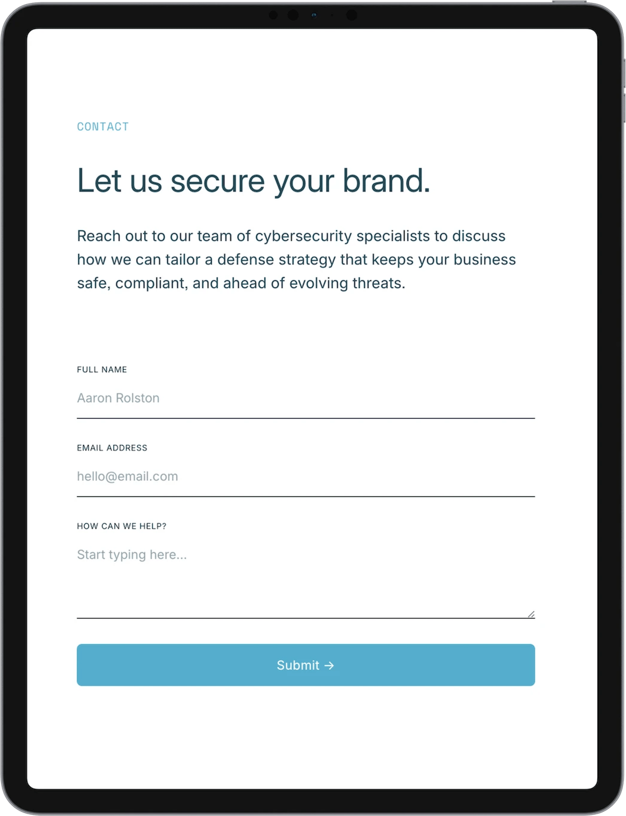 Quantum Squarespace template for cybersecurity teams, shown on a tablet (6 of 7)