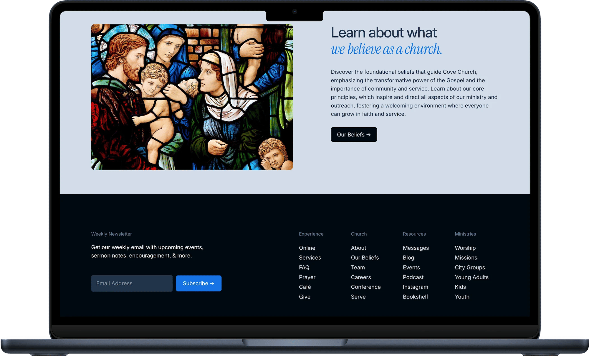 Cove Squarespace template for churches, shown on a desktop screen (5 of 7)