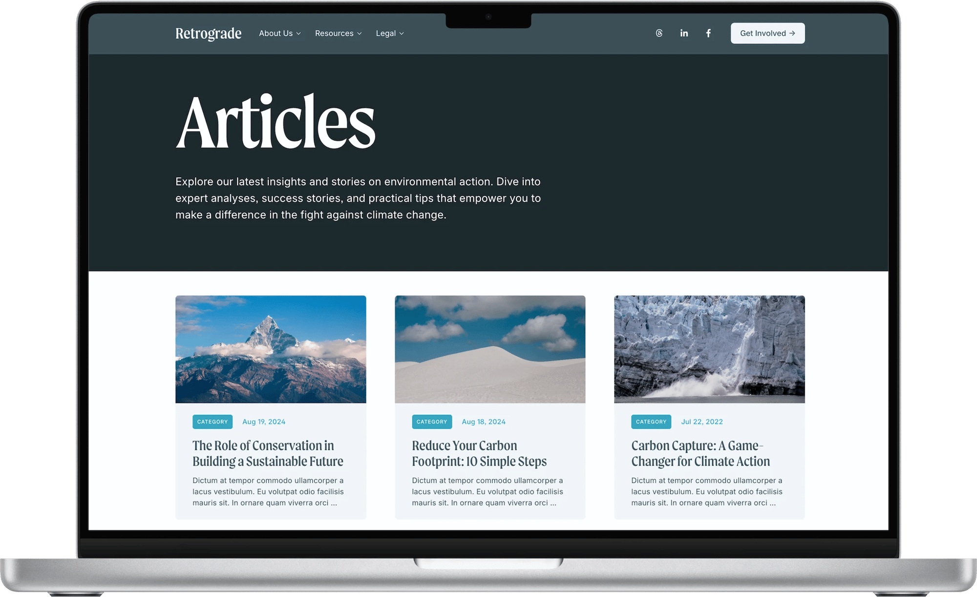 Retrograde Squarespace template for nonprofits, shown on a desktop screen (3 of 7)