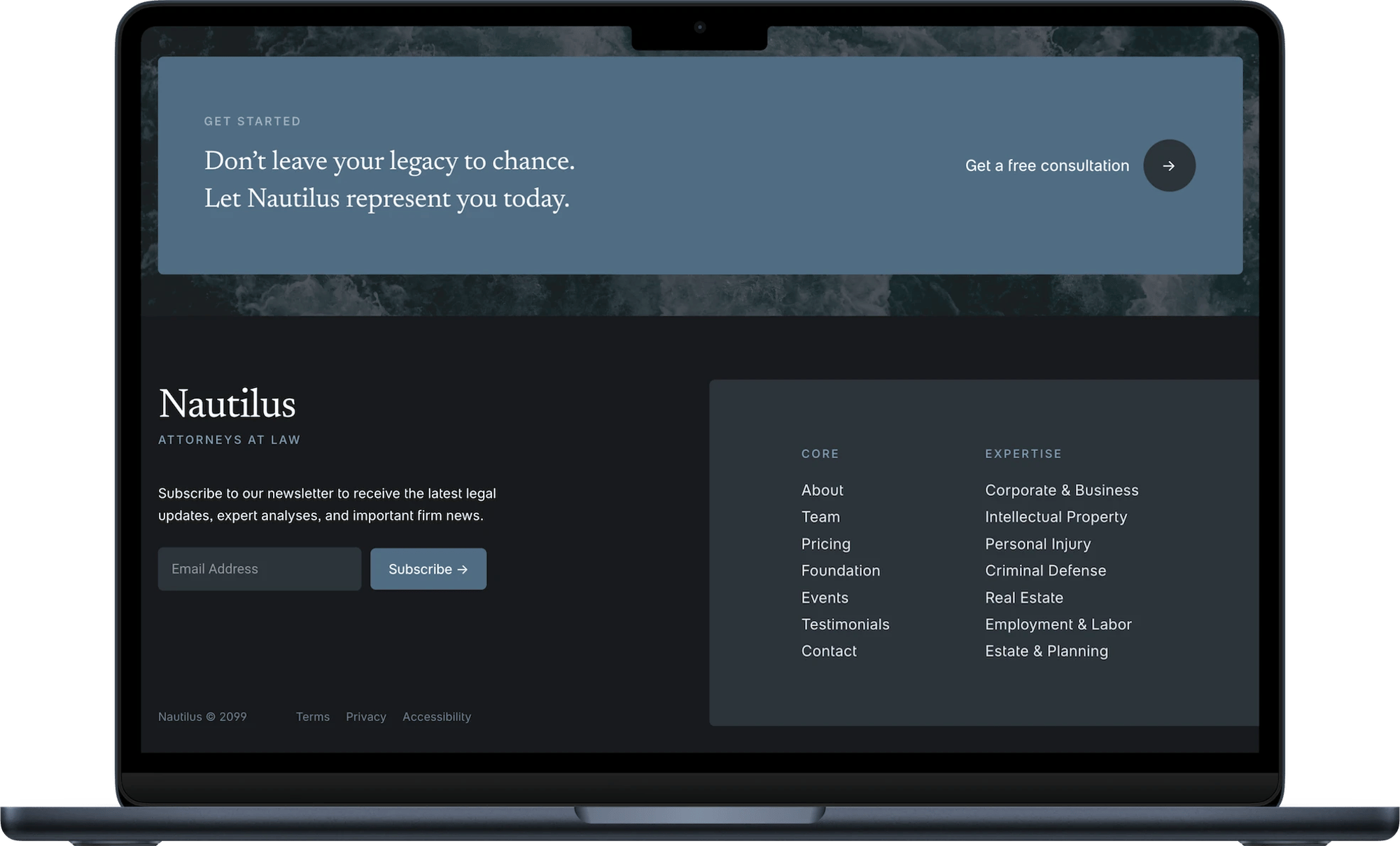 Nautilus Squarespace template for law firms, shown on a desktop screen (4 of 7)