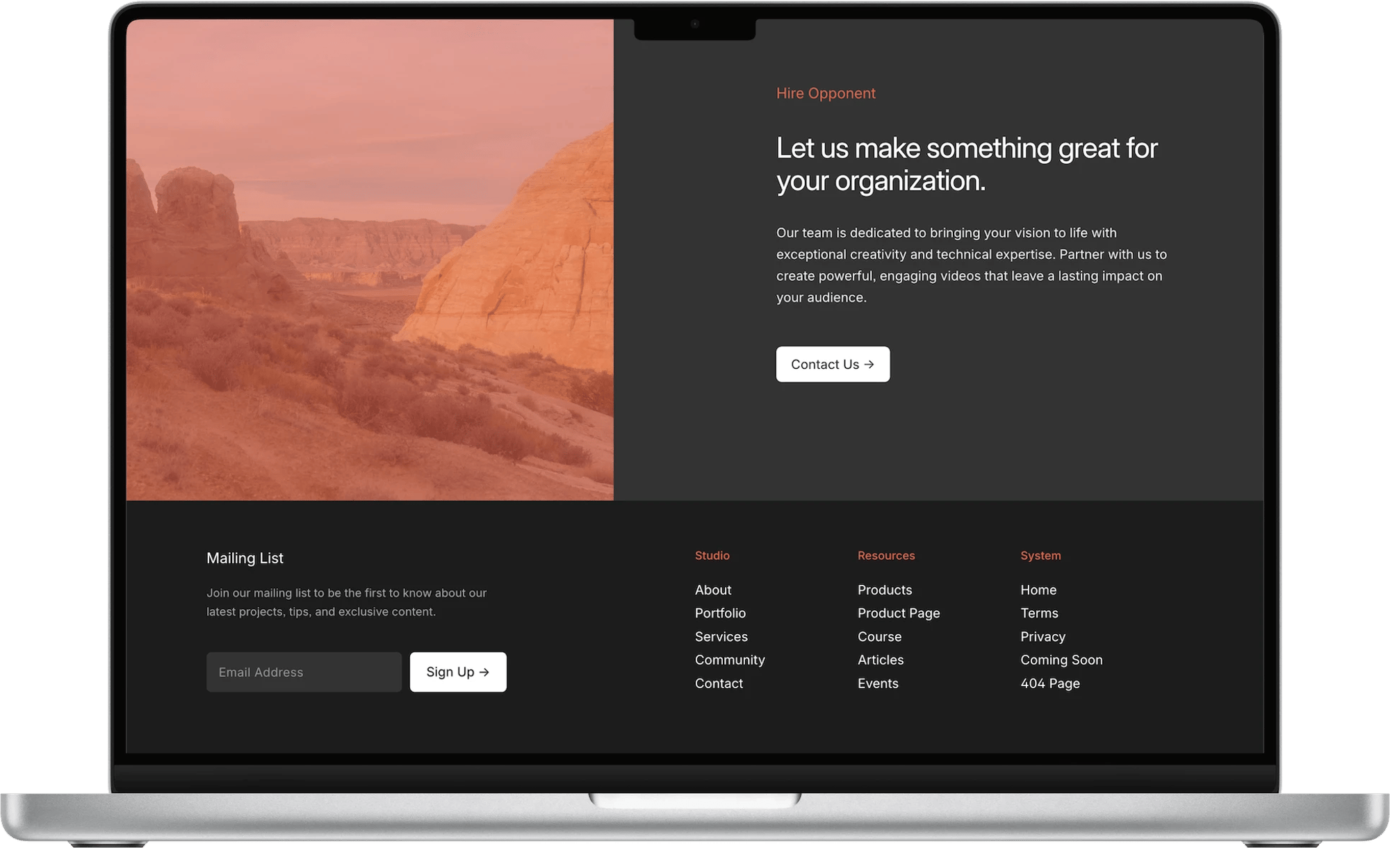 Opponent Squarespace template for creative agencies, shown on a desktop screen (2 of 7)