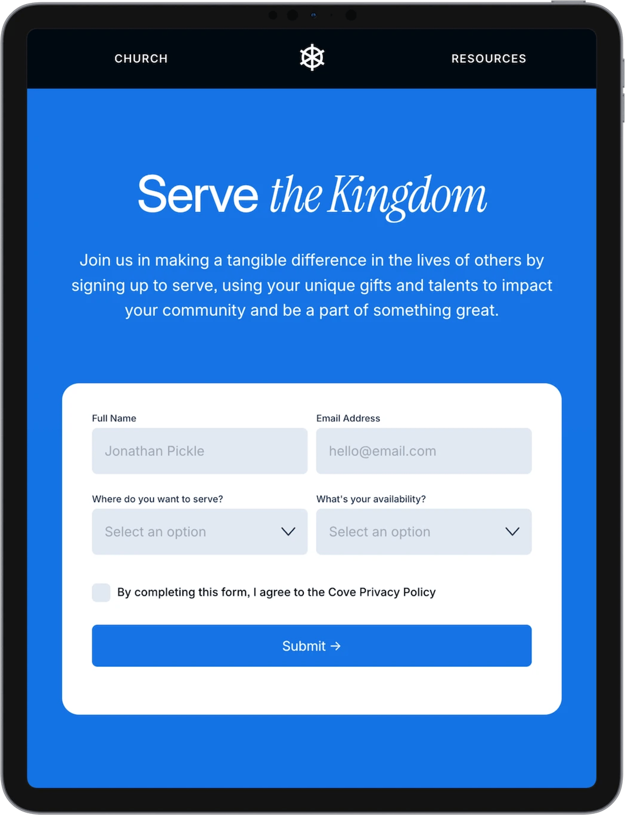 Cove Squarespace template for churches, shown on a tablet (3 of 7)