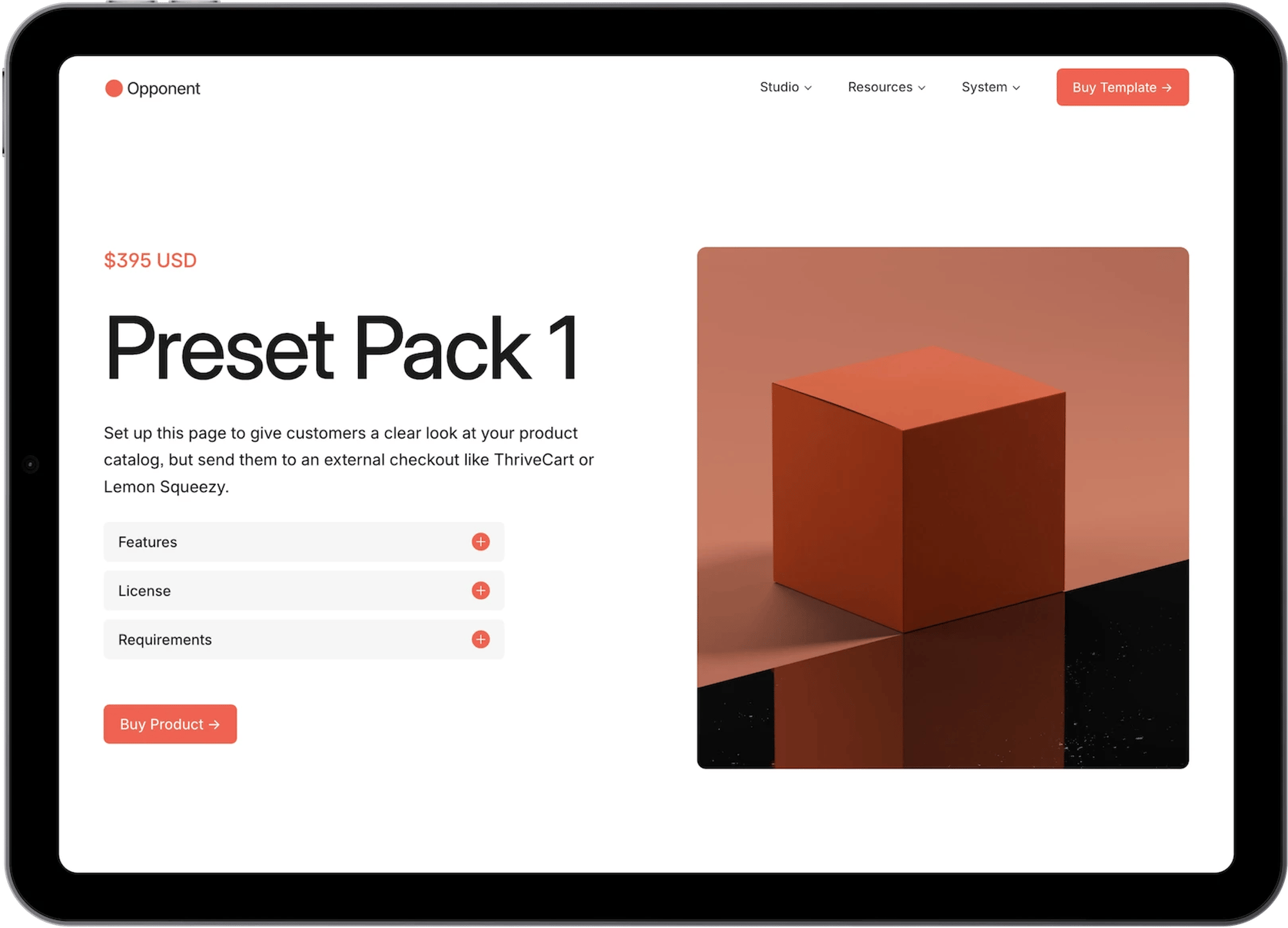 Opponent Squarespace template for creative agencies, shown on a desktop screen (4 of 7)
