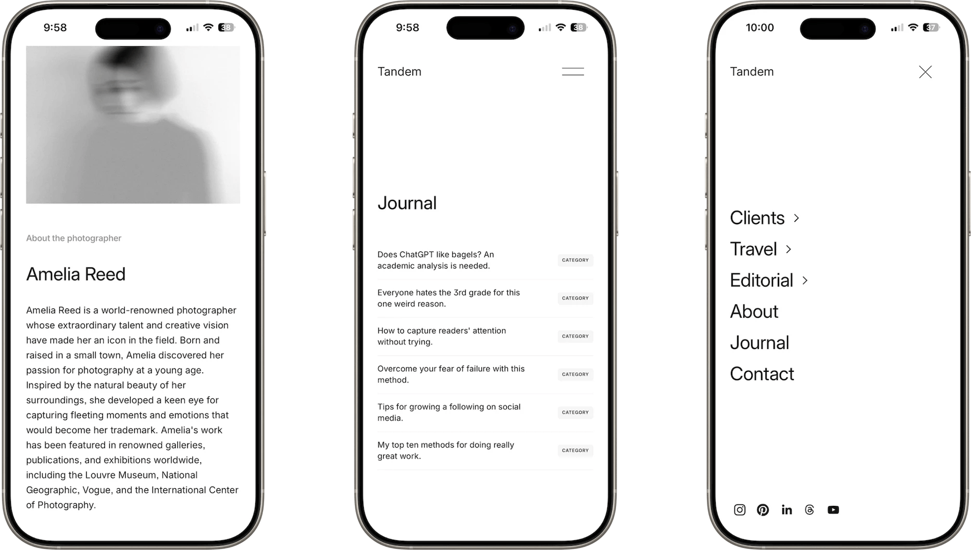 Tandem Squarespace template for photographers, shown on two phones (4 of 7)