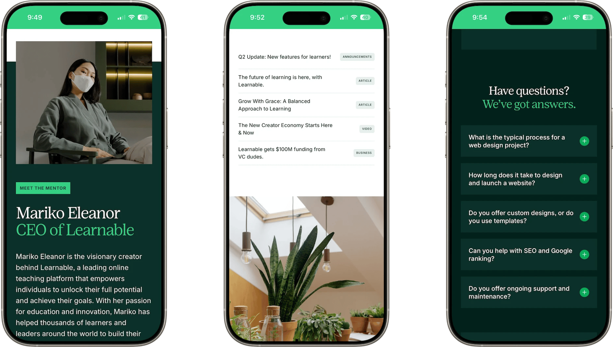 Learnable Squarespace template for course creators, shown on two phones (1 of 7)
