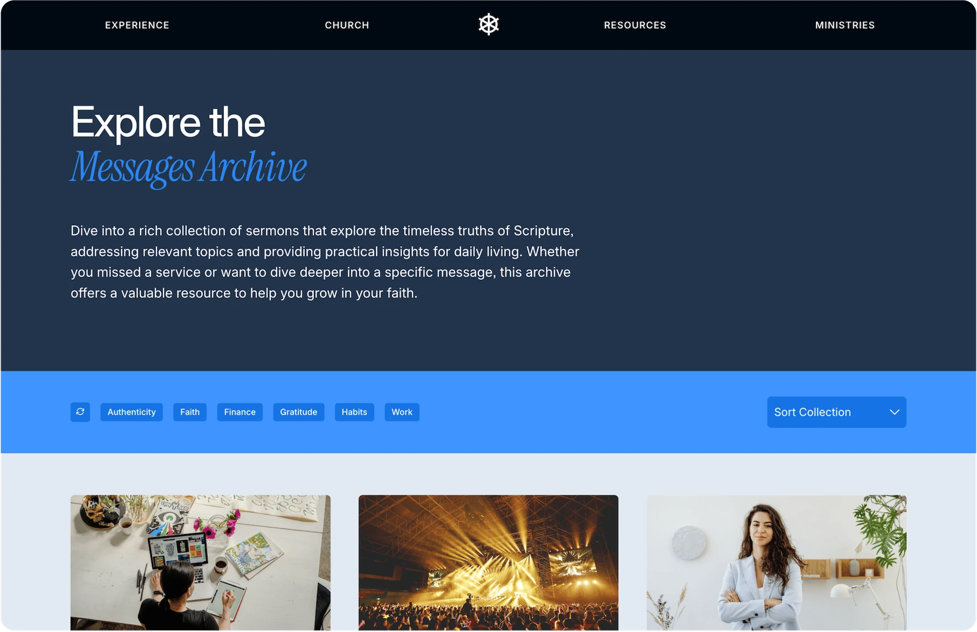 Cove Squarespace template for churches, shown on a desktop screen (1 of 7)