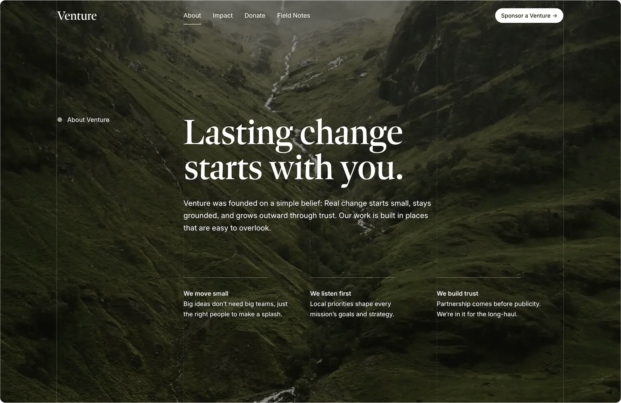 Venture Squarespace template for nonprofits, shown on a desktop screen (5 of 7)