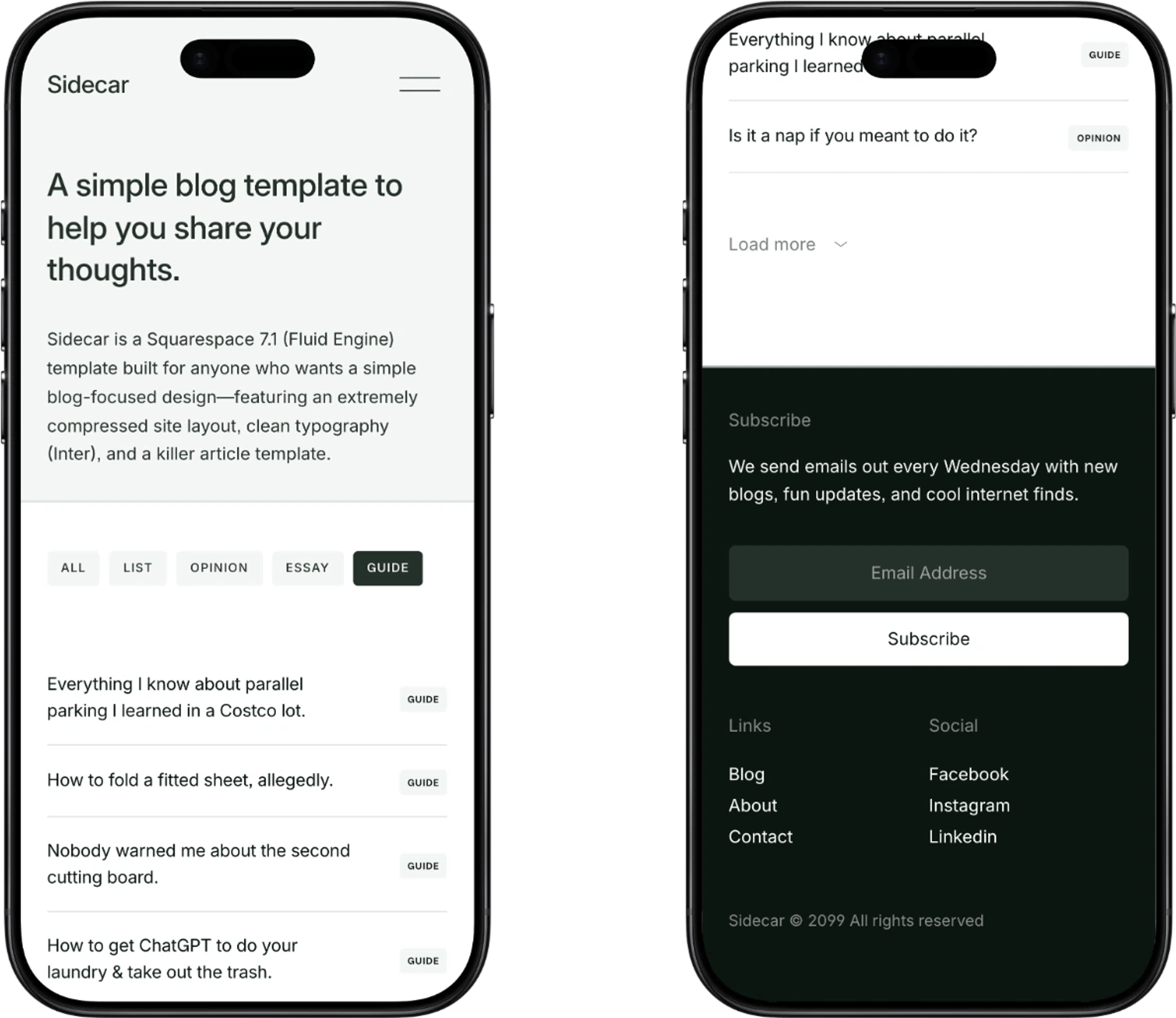 Sidecar home page filtered by category, and the subscribe footer, on two iPhones