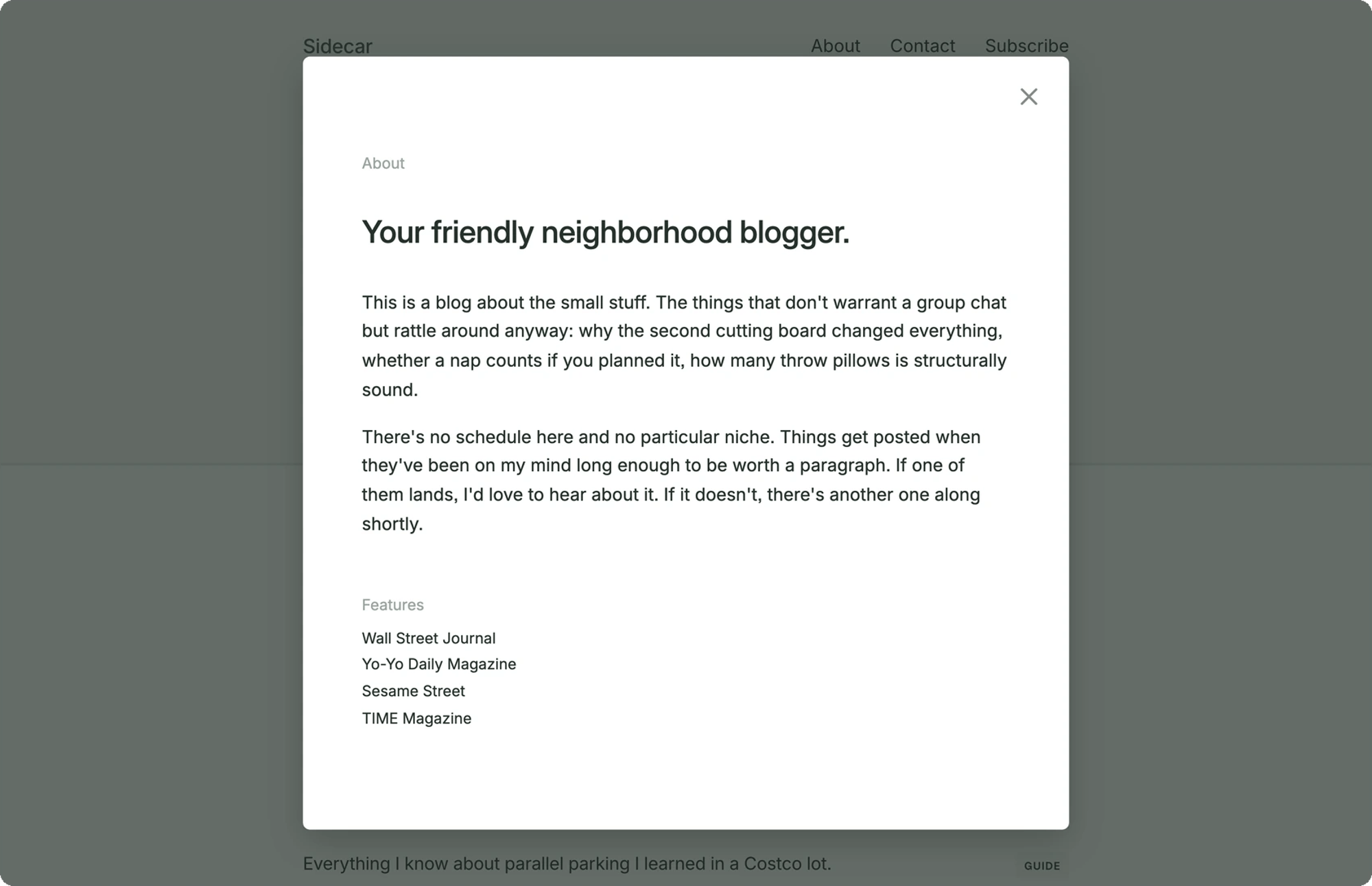 The Sidecar About modal open over the home page