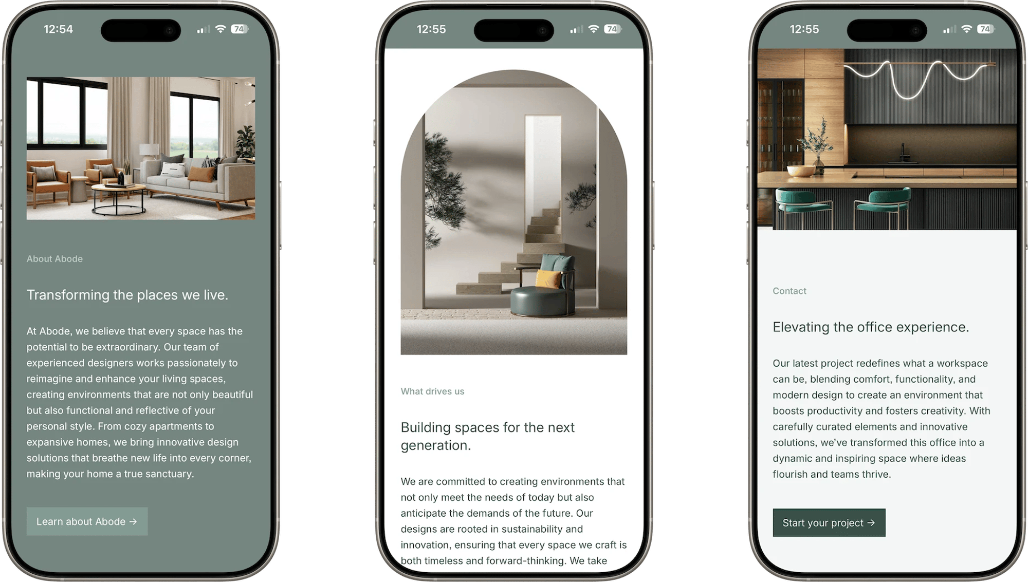 Abode Squarespace template for interior designers, shown on two phones (1 of 7)