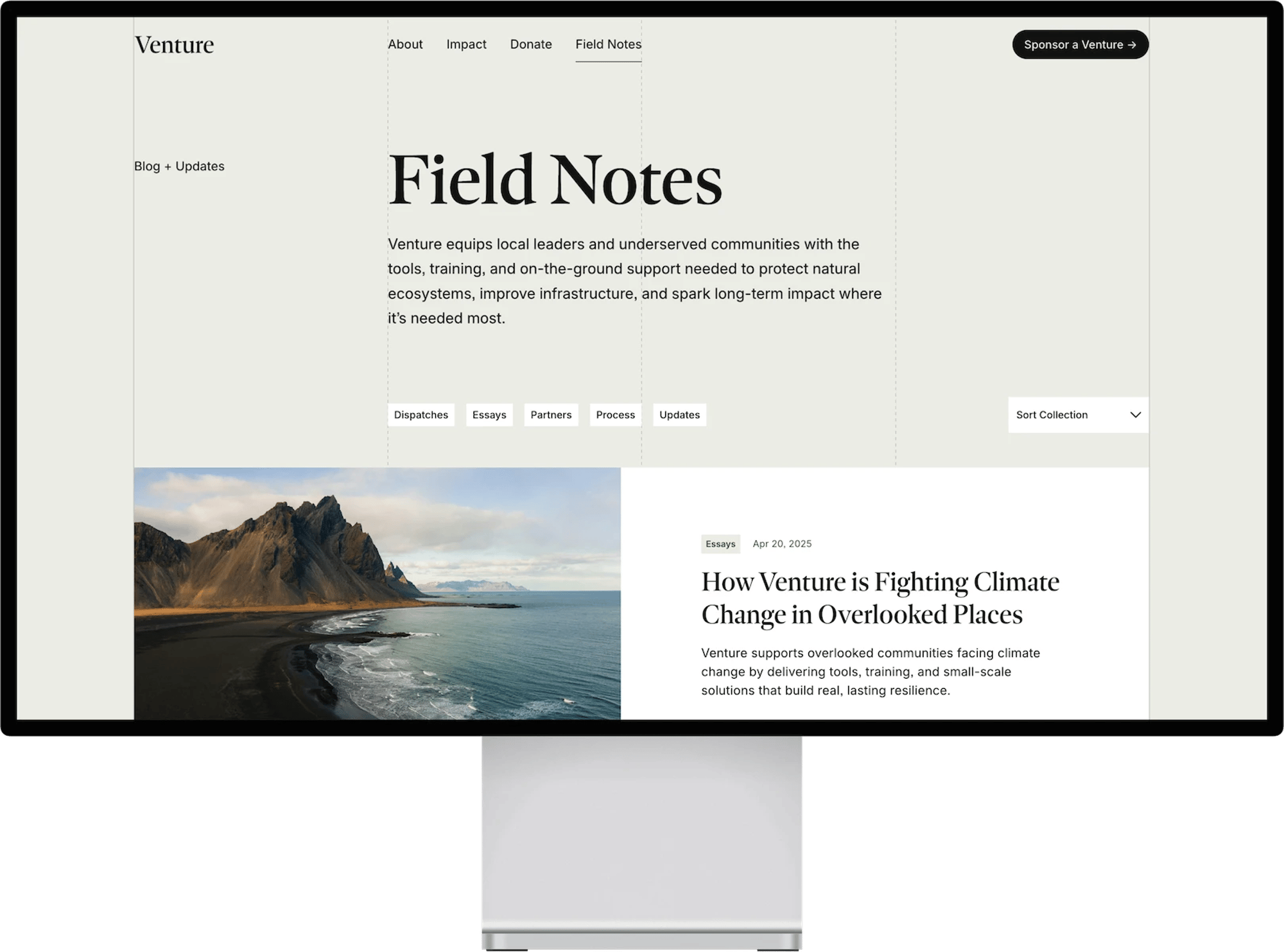 Venture Squarespace template for nonprofits, shown on a tablet (7 of 7)