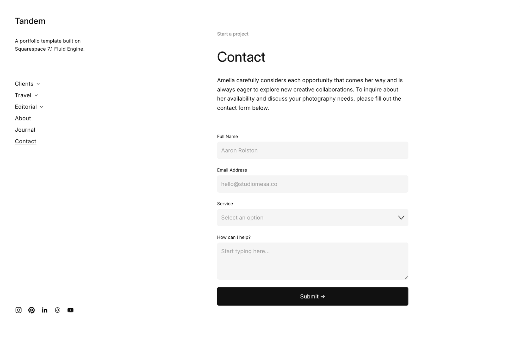 Tandem Squarespace template for photographers, shown on a desktop screen (2 of 7)