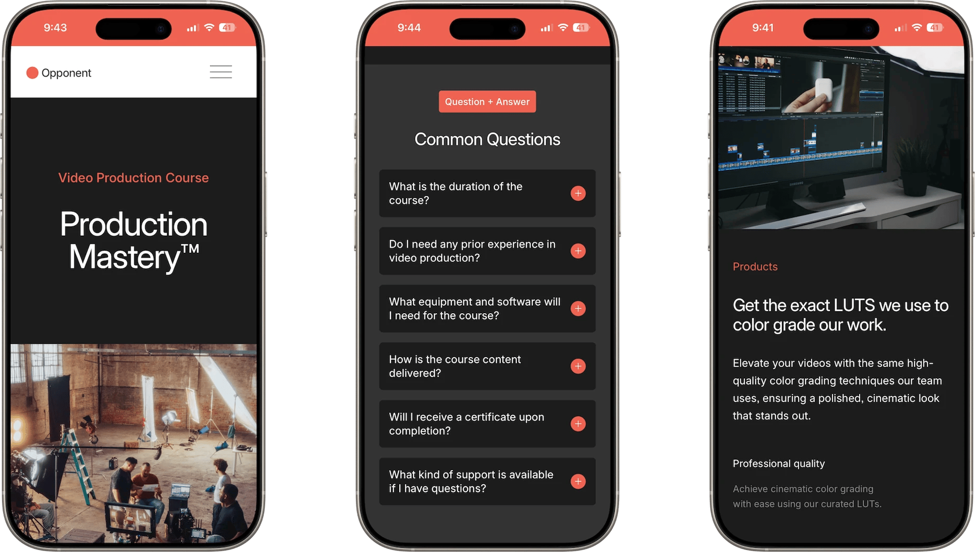 Opponent Squarespace template for creative agencies, shown on two phones (1 of 7)