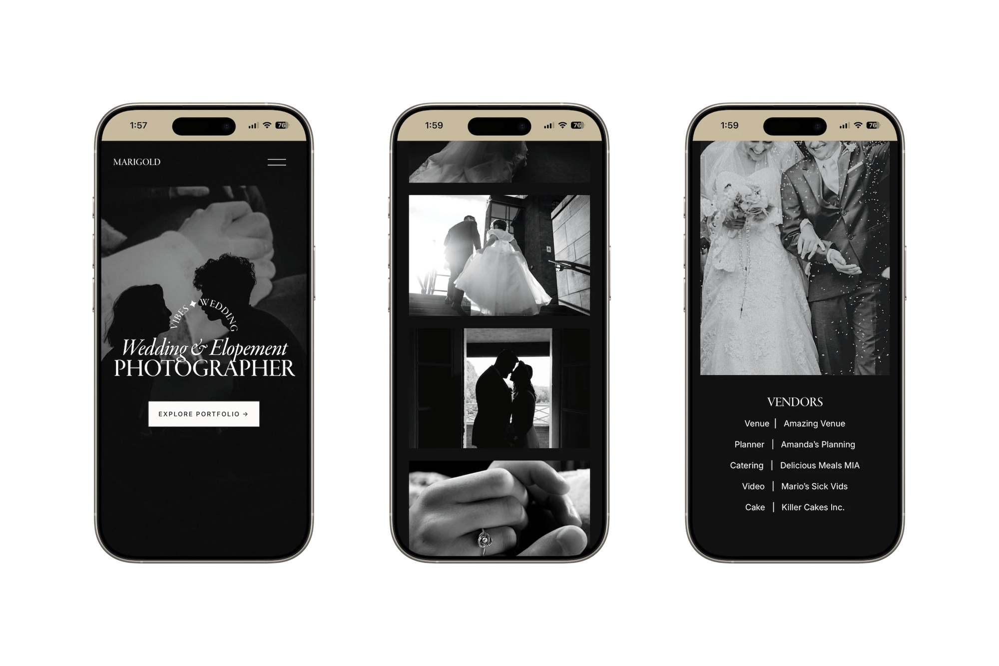 Marigold Squarespace template for wedding photographers, shown on two phones (4 of 7)