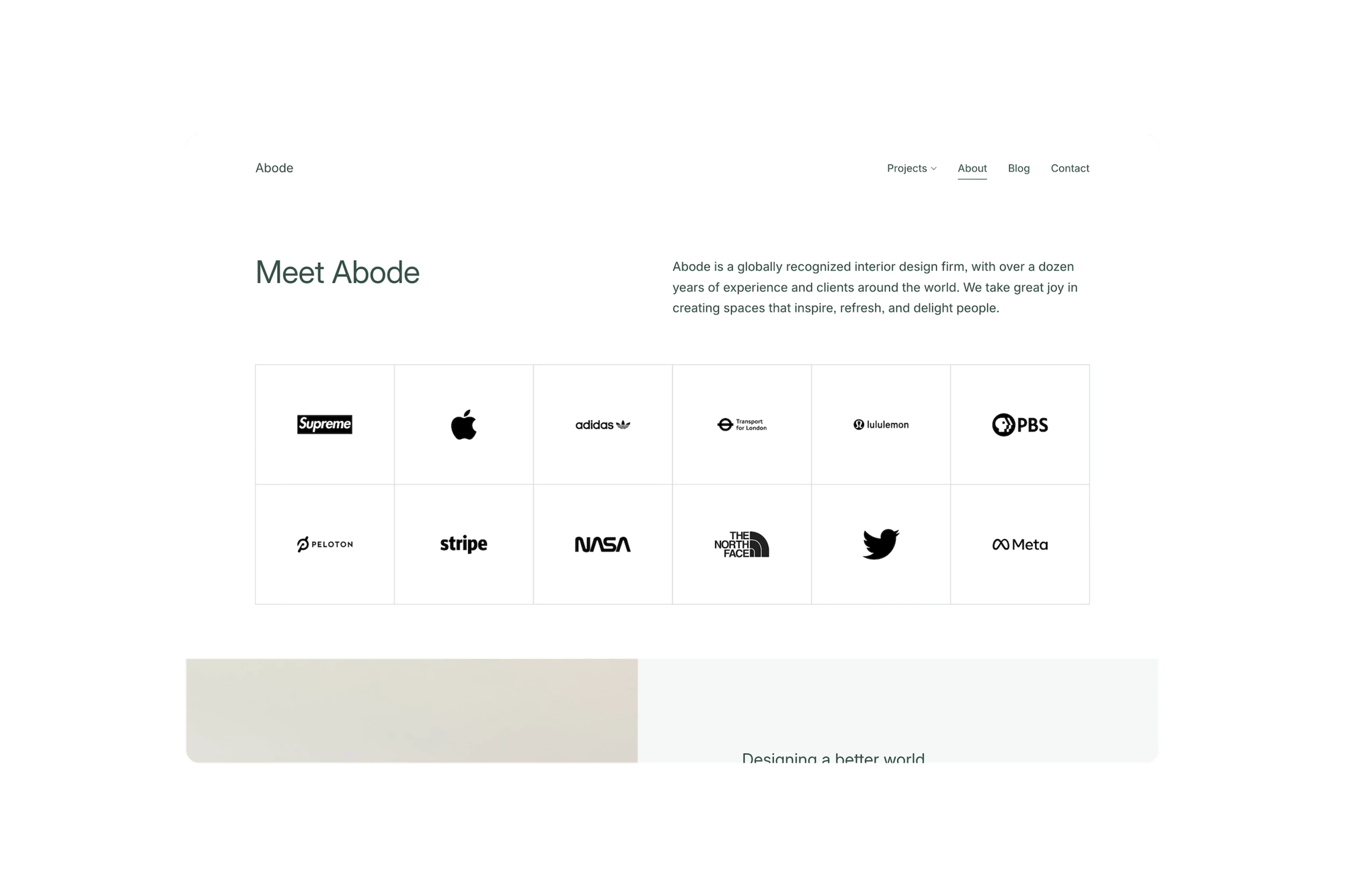 Abode Squarespace template for interior designers, shown on a desktop screen (3 of 7)