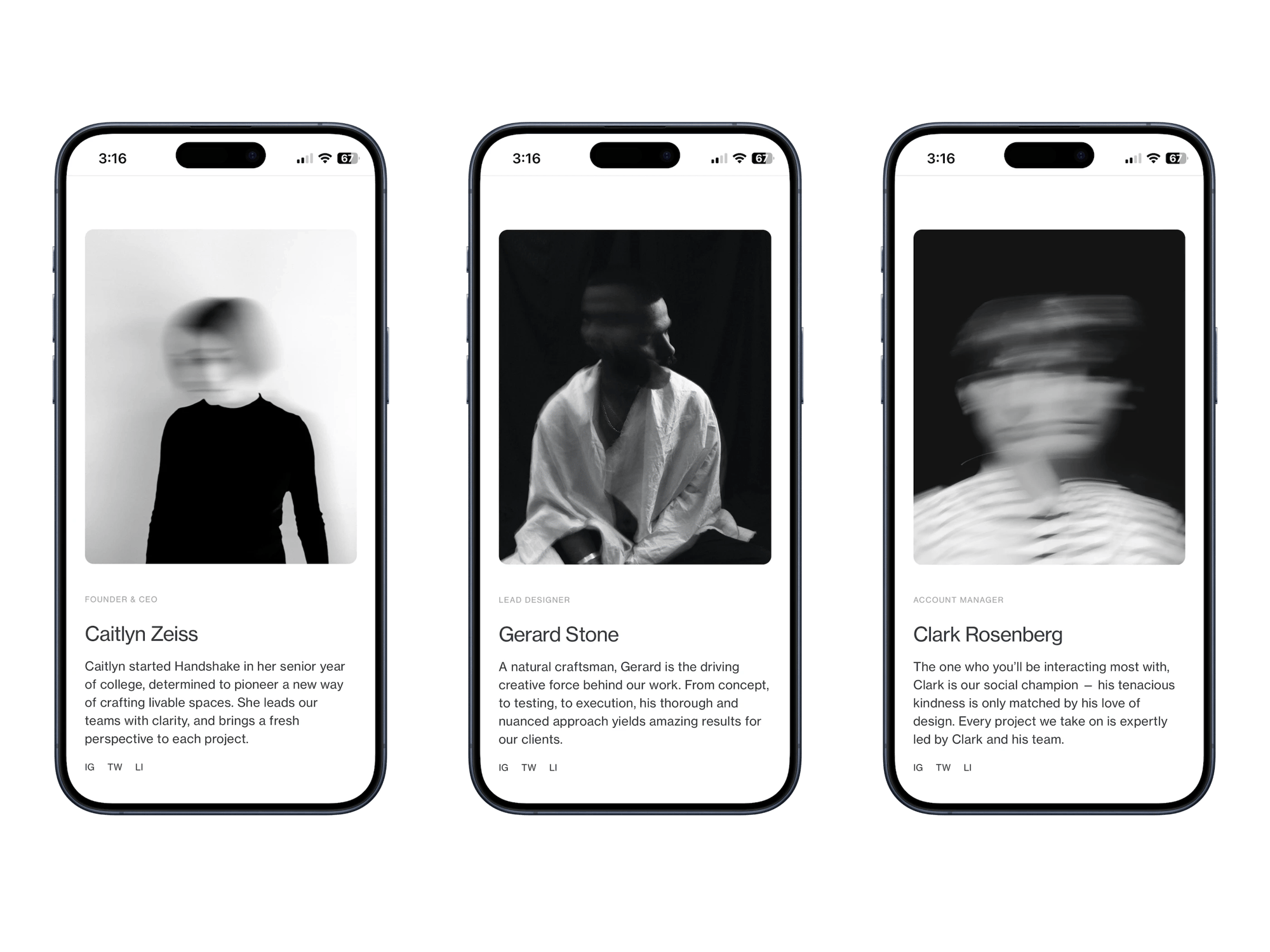 Handshake Squarespace template for architects, shown on two phones (3 of 7)