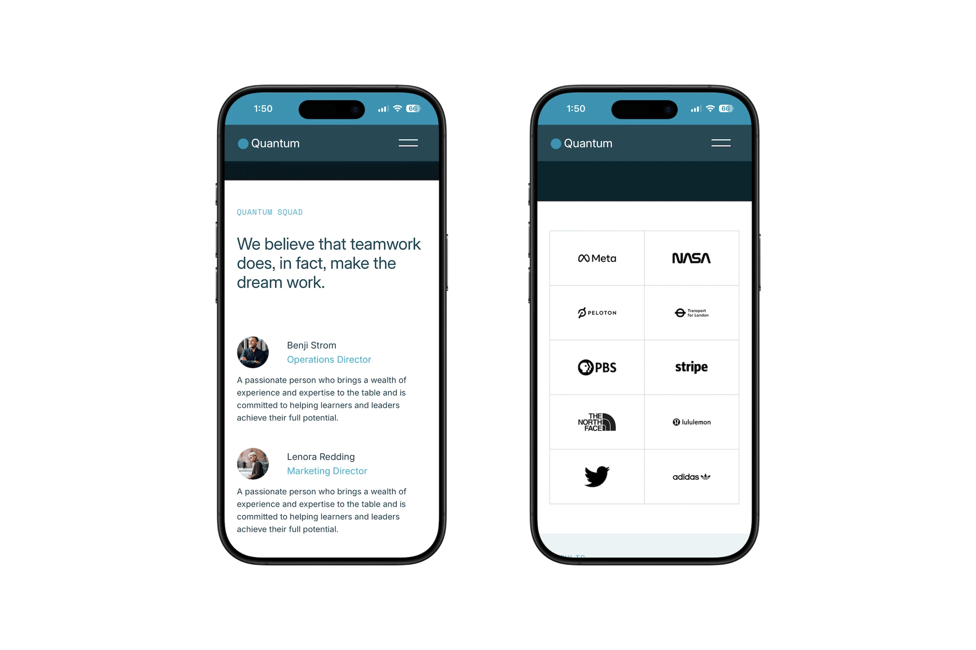 Quantum Squarespace template for cybersecurity teams, shown on two phones (4 of 7)
